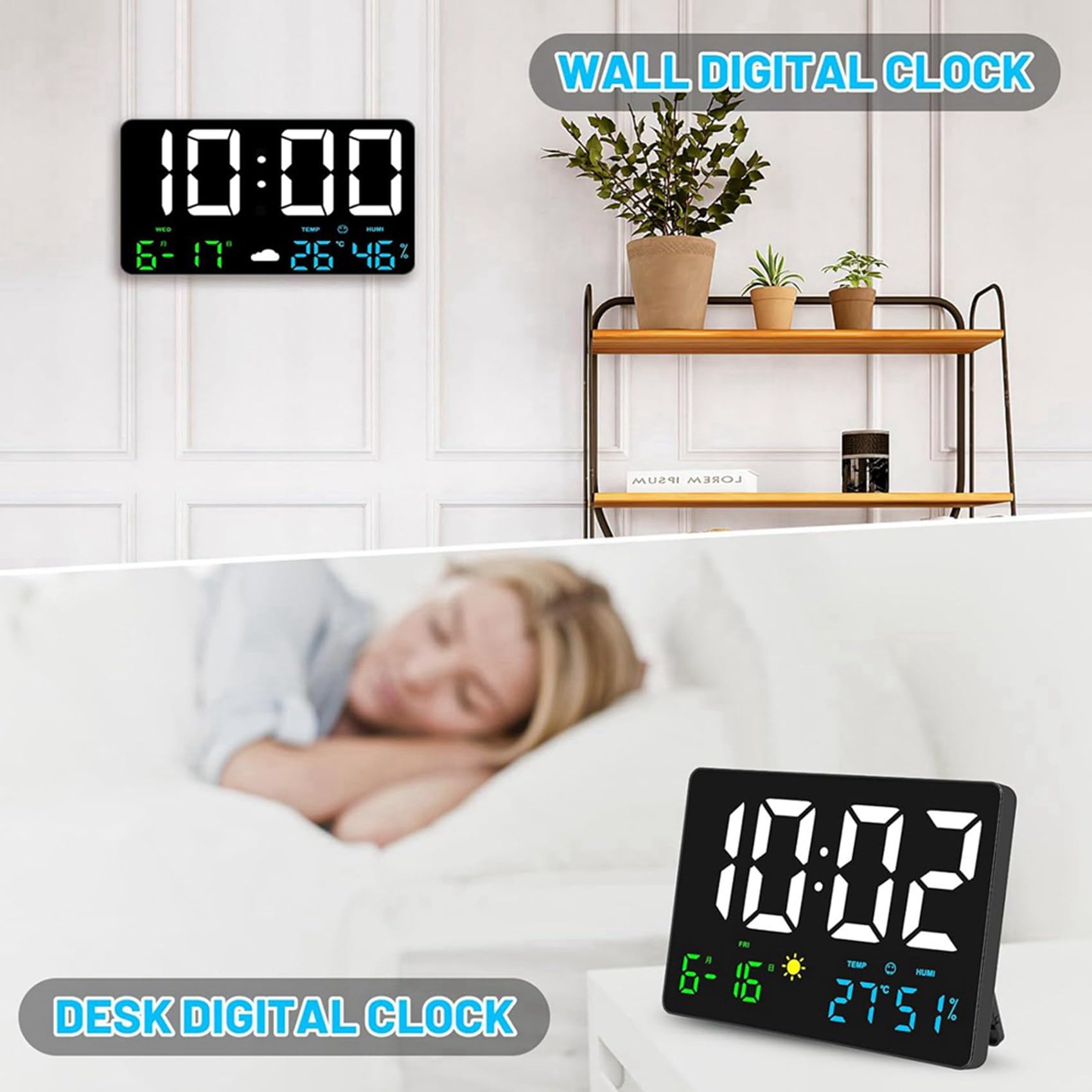 2 x cyfrowy zegar ścienny z dużym wyświetlaczem, 25 cm USB LED cyfrowe zegary ścienne, budzik do sypialni ze stacją pogodową