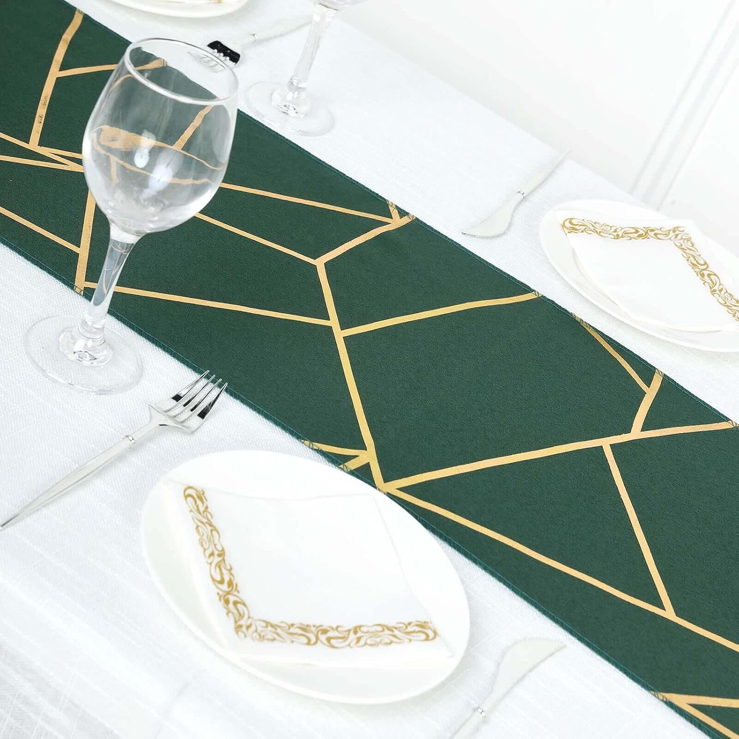 Efavormart Polyester Table Runner 9ft Hunter Emerald Green with Gold Foil Geometric Pattern