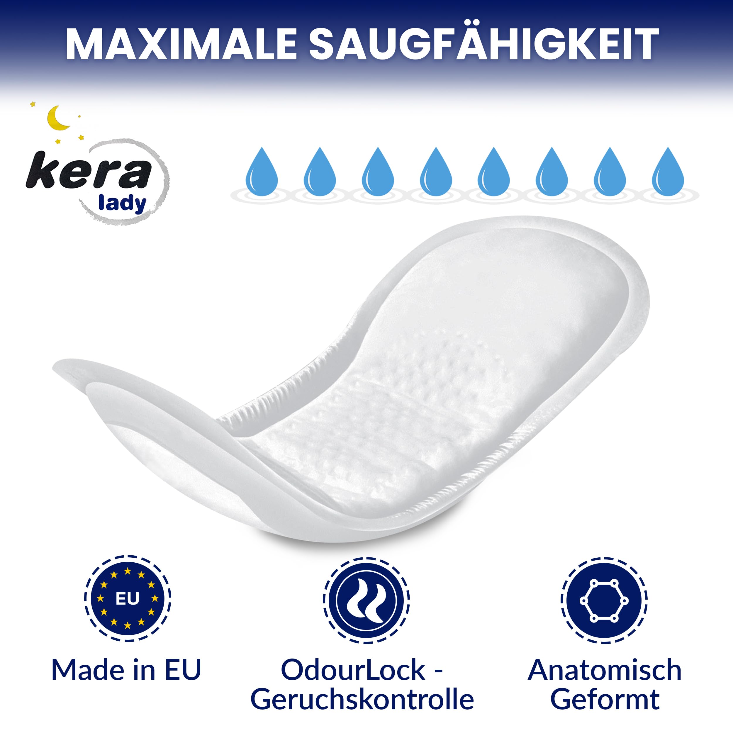 KERA® Inkontinenzeinlagen für Damen extra stark – MAXI saugstarke Hygieneeinlagen für Damen bei mittlerer bis starker Blasenschwäche – diskrete Inkontinenzeinlagen für die Nacht (3 x 16 Stück)