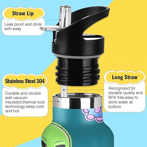 Miniatura 3 de Botellas de agua a prueba de fugas sin BPA de dibujos animados con tapa de boquilla a prueba de fugas aislada al vacío para hogar, oficina, viajes,