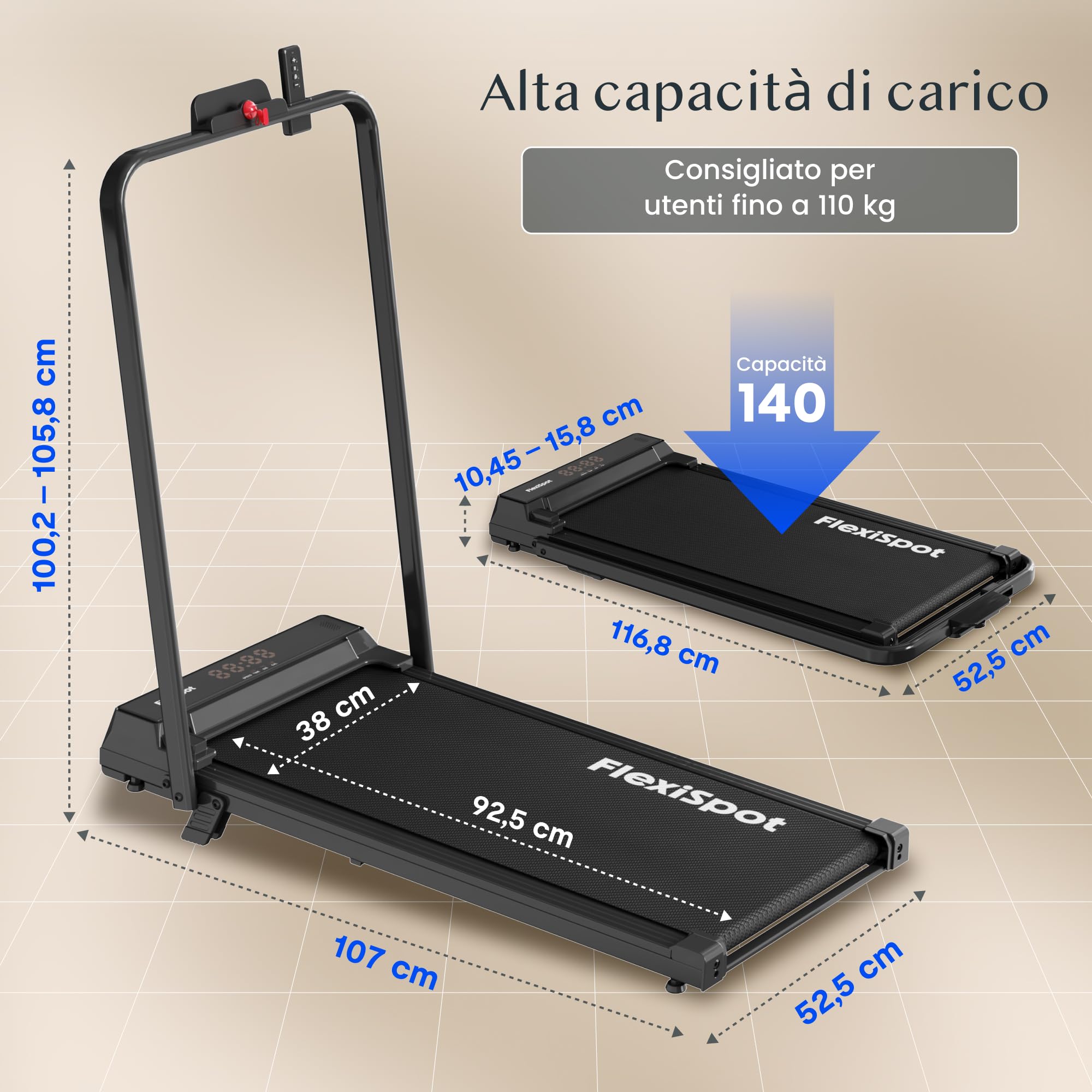 FLEXISPOT DynamicX Tapis Roulant Elettrico 2 in 1 Pieghevole con Corrimano, Walking Pad Inclinazione 7%, Velocità 1-12 km/h, Portata 140 kg, Display LED e Telecomando, per Casa e Ufficio