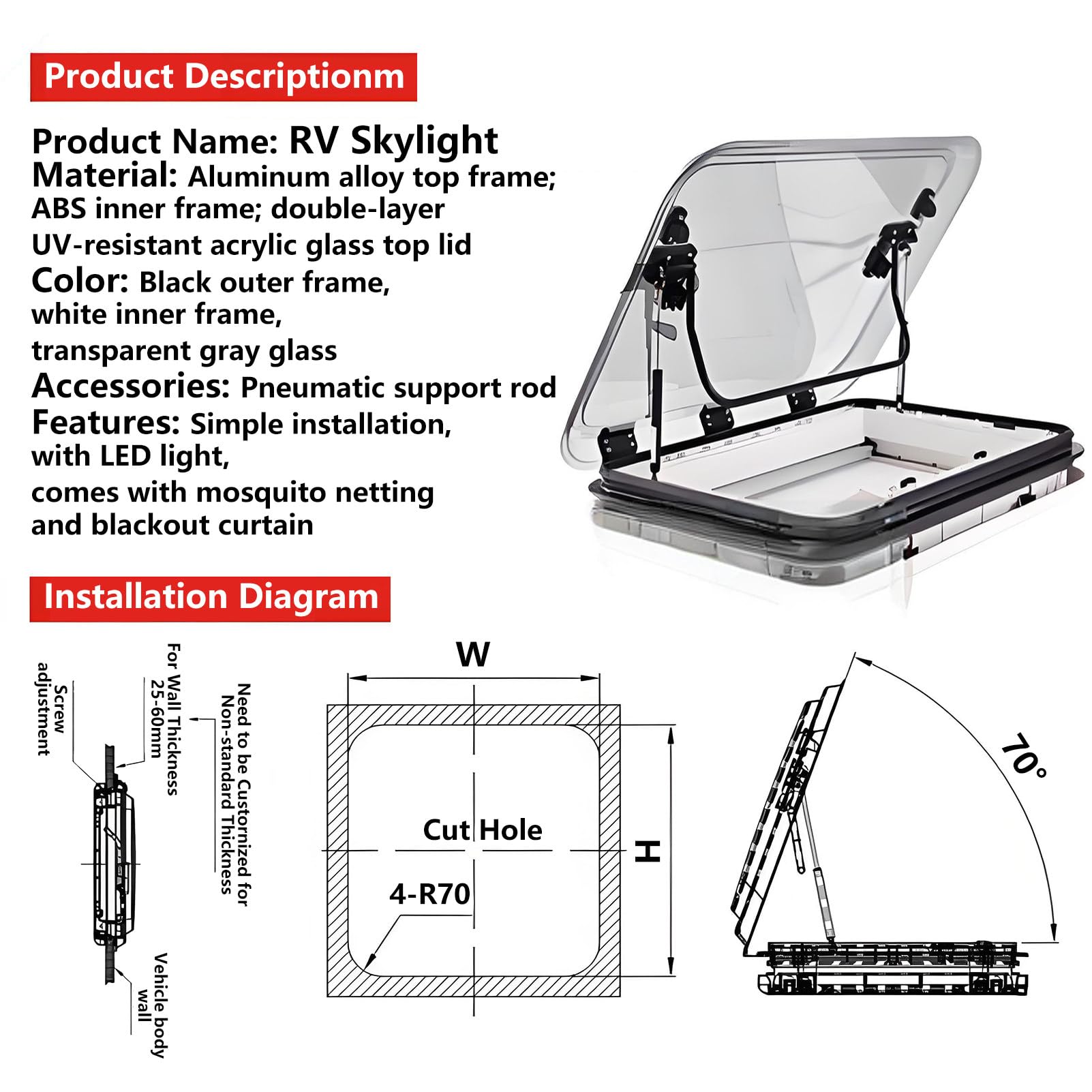 Ventilazione Finestra del Tetto per Camper, Lucernario Roulotte con Illuminazione a LED, Foro 500/700/800x500Mm, Oblò per Tetto con Zanzariera e Parasole, per Furgone Camperizzato 700 * 500mm