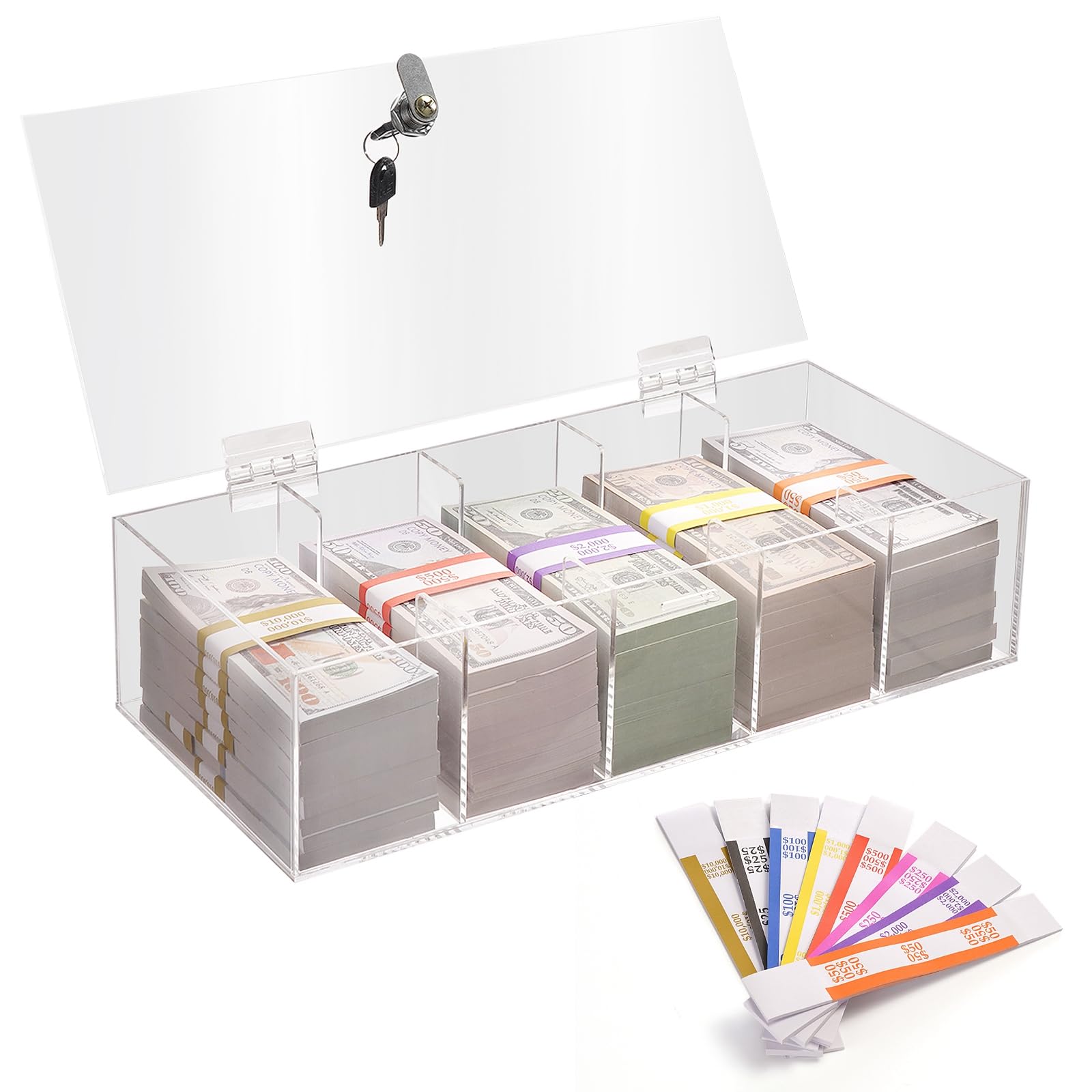 Bandeja de acrílico para monedas con 300 envoltorios para monedas, organizador de efectivo transparente de 5 compartimentos, caja de almacenamiento de dinero con cubierta con cerradura para
