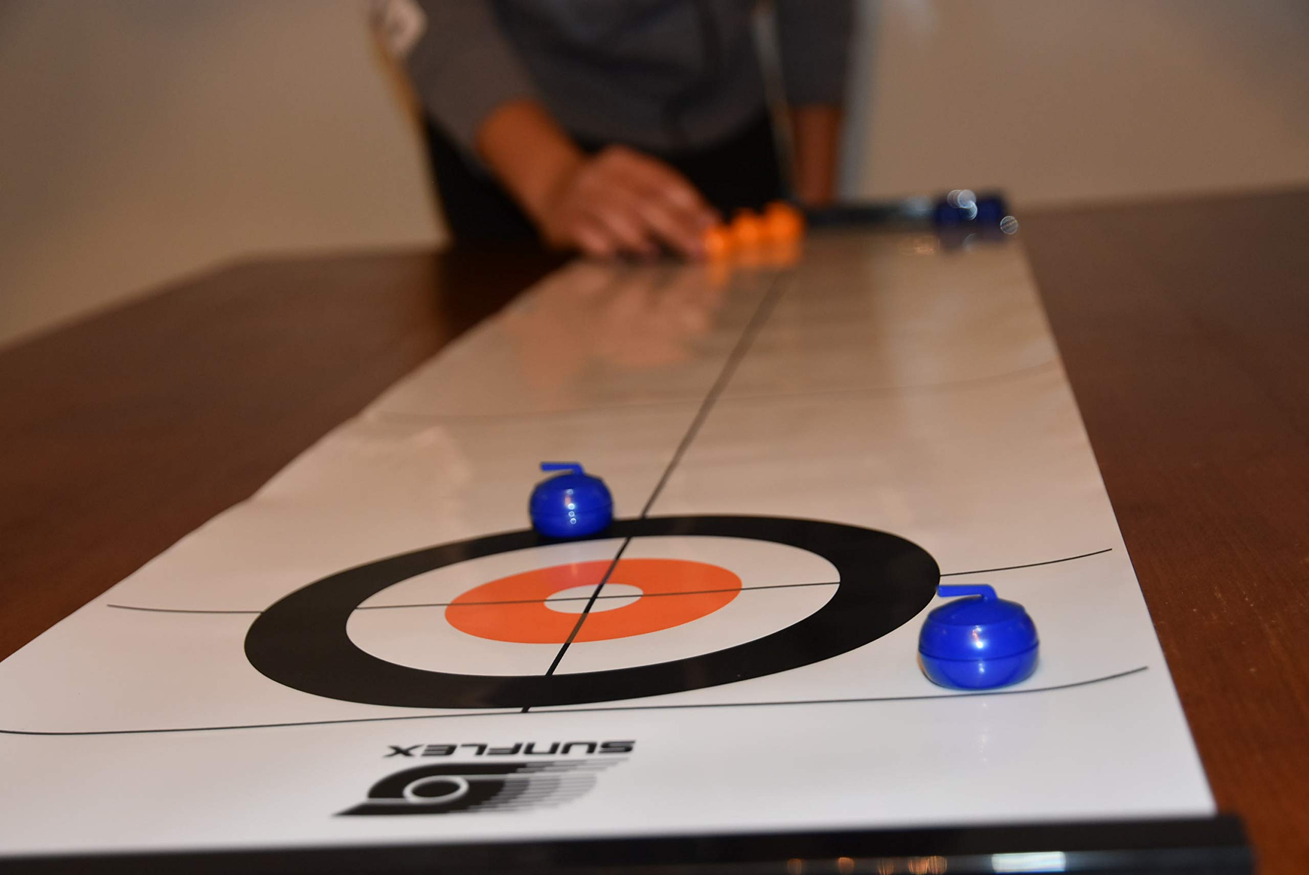 Sunflex Mini gioco da bowling da tavolo, mini gioco di bowling per tutte le età, bambini e adulti, portatile, include 6 perni, 2 dischi scorrevoli per palle da bowling e 1 tappetino liscio da 120 cm x
