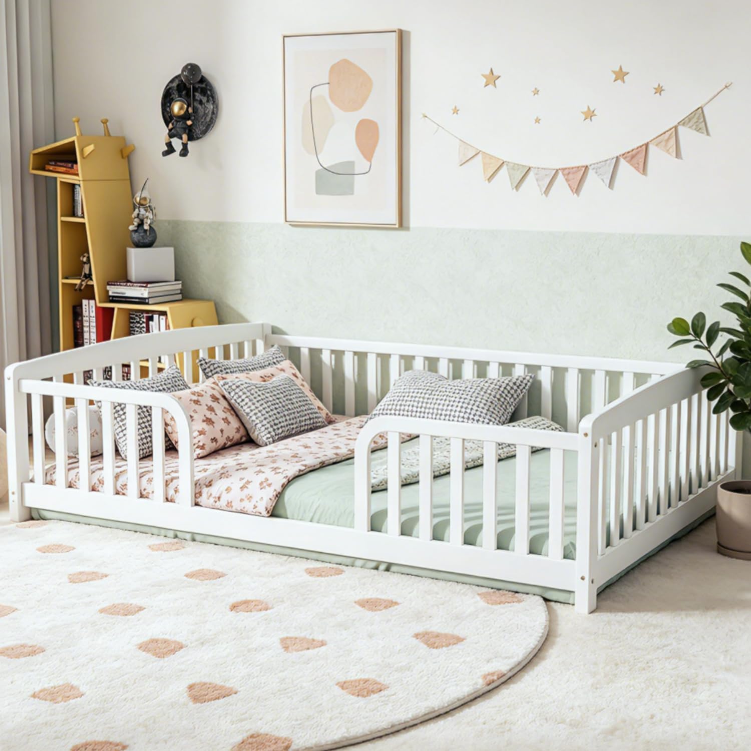 Bellemave Montessori Floor Bed Full with Central Entrance and Full Surrounding Guardrails, Low Pine Wood Full Size Floor Bed Frame for Kids, Girls, Boys, No Box Spring Needed, No Slats, White