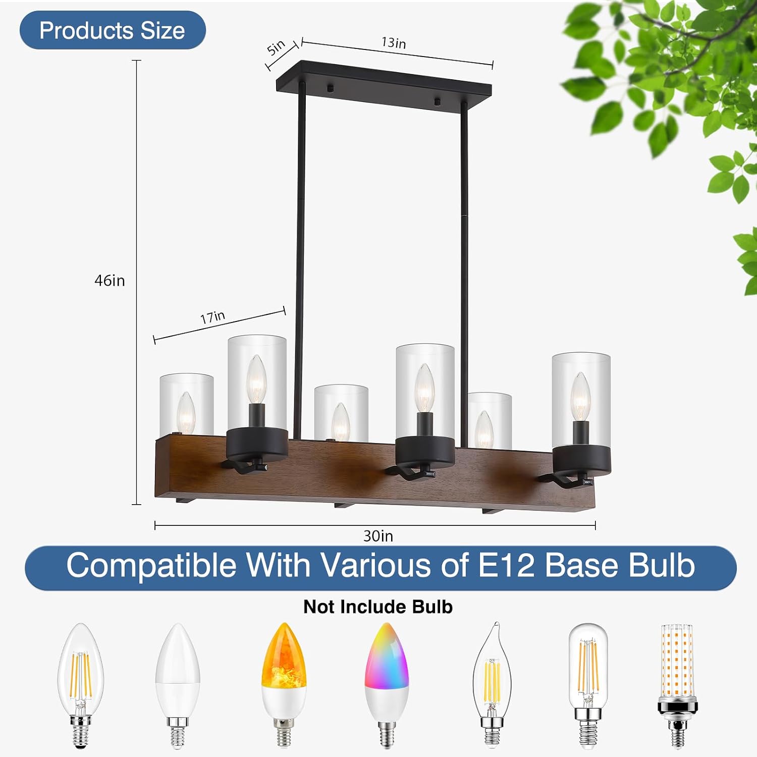 6-Light Wood Island Light with Clear Glass Shade 30'' Farmhouse Linear Chandelier for Kitchen, Dining Room, Bar, E12 Base - AJ9020P6WDBK