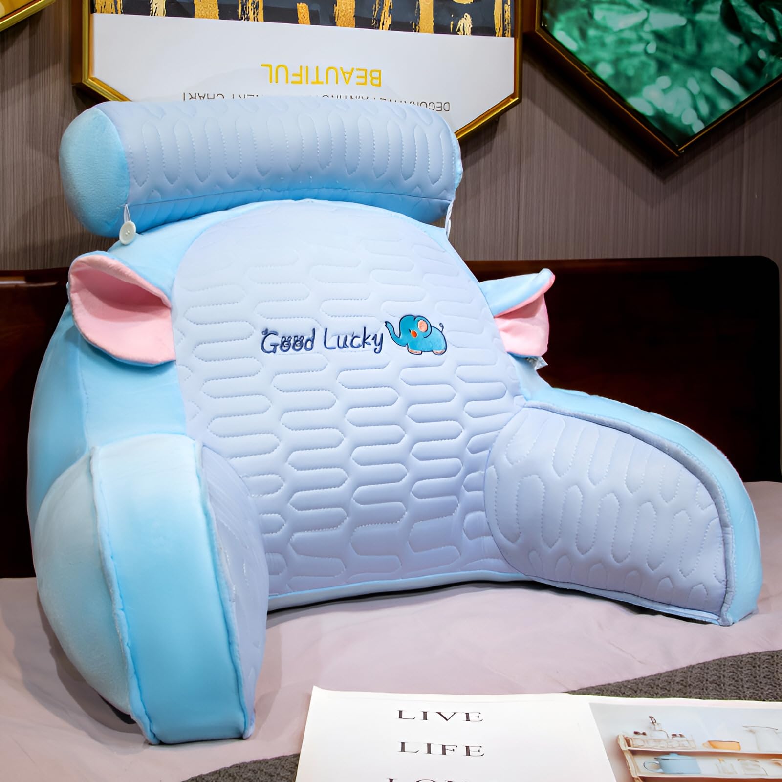 LANPEW Reading Pillow Back Pillow with Armrests Reading Pillow for Reading, Work and Play (Blue Latex Fabric, 75x50cm)