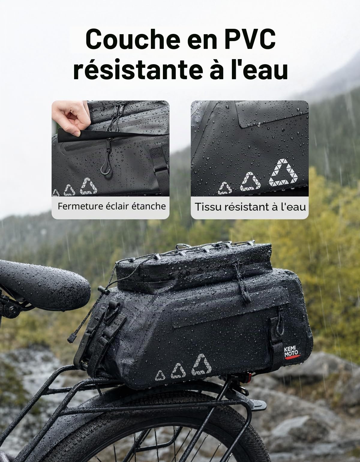 KEMIMOTO 3 en 1 Sacoche Velo Porte Bagage Arriere, 13L Sacoche Vélo Arrière Etanche 500D PVC et avec Plusieurs Compartiments, Sac Vélo Multifonctionnelle avec Poignée de Transport et Bandoulière