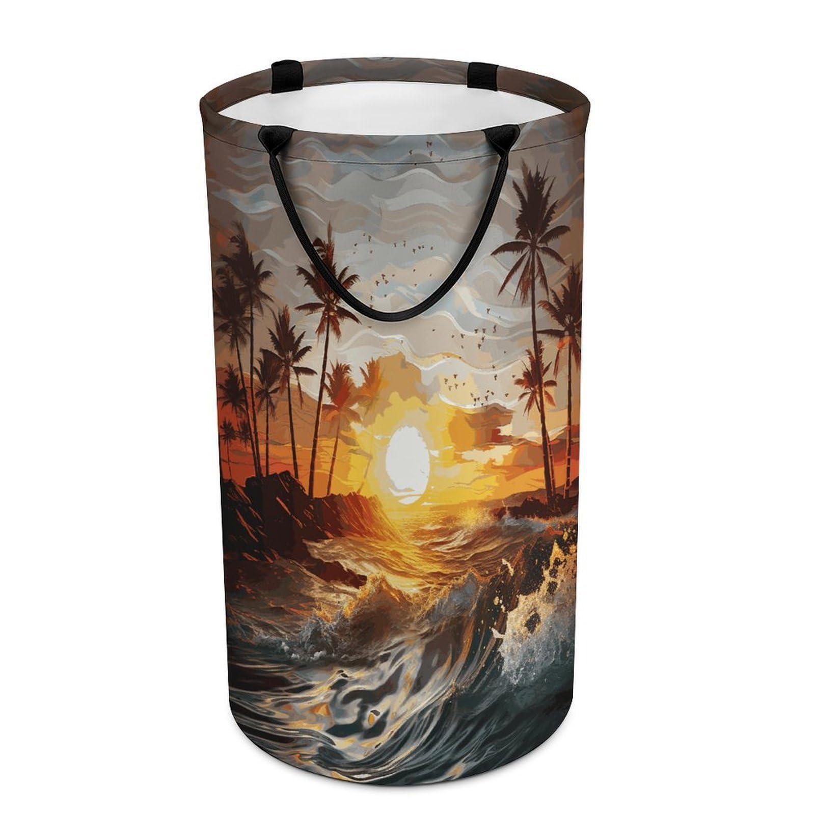 Palm Trees Ocean Waves Sunset Laundry Hamper Waterproof Polyester Laundry Baskets Collapsible Dirty Clothes Storage Basket Clothes Hampers with Sturdy Handles for Travel Bedroom