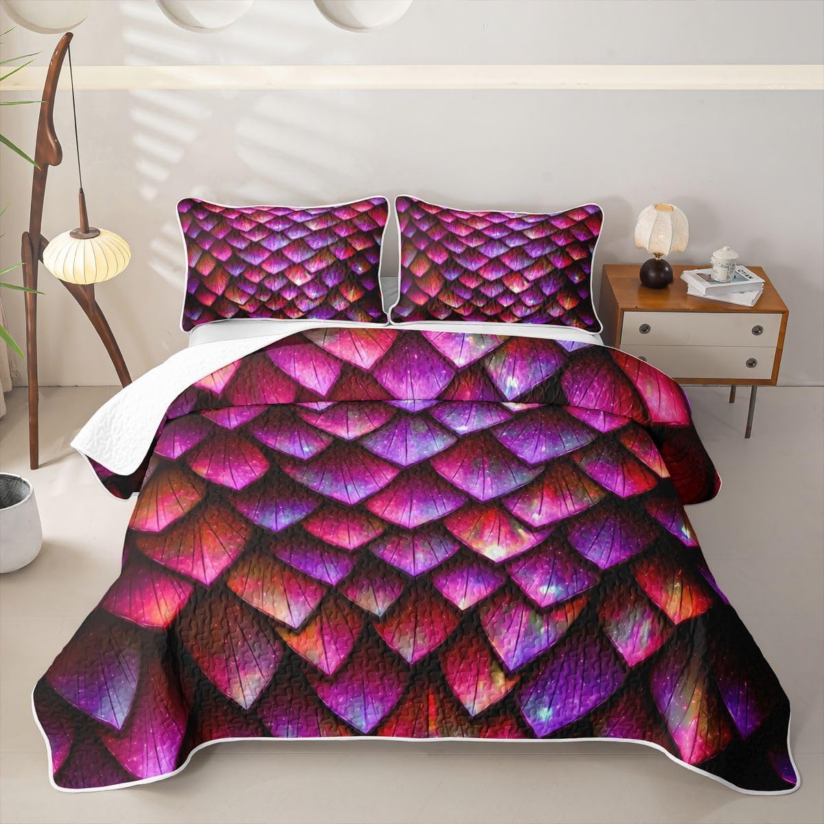 Castle Fairy Rainbow Mermaid Scale Quilt Set Girly Watercolor Fish Quilted Coverlet Kids Boys Girls Fairy Tale Lightweight Soft Bedspread Coverlet with 2 Pillow Sham Queen Size Purple Yellow