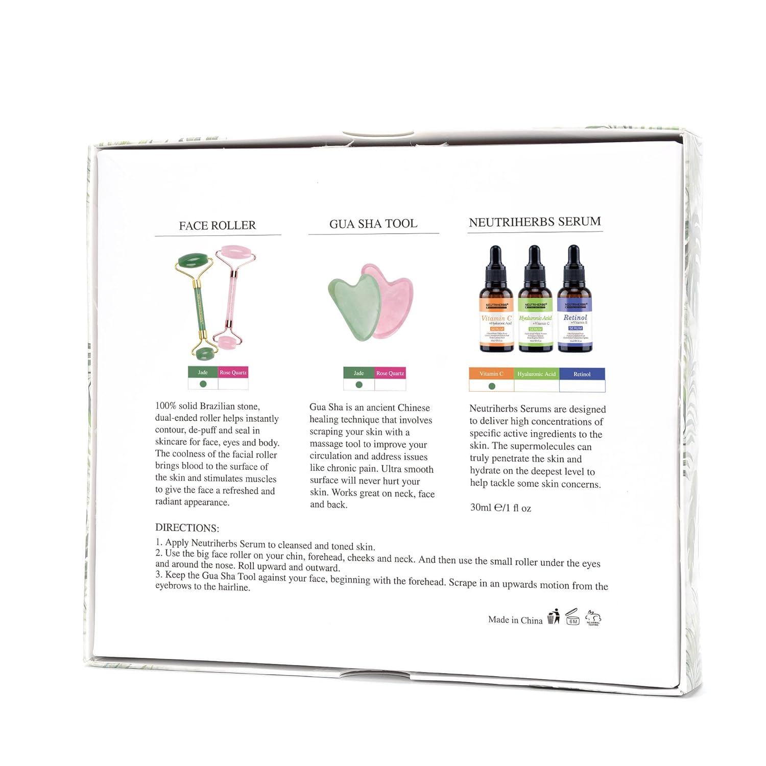 NEUTRIHERBS Jade Gua Sha & Face Roller & Vitamin C Serum Facial Tool Set(3 in 1 Kit), Home Face Massager for Wrinkle,Fine Line,Puffiness,Firm Smooth Relax Skin -- Green