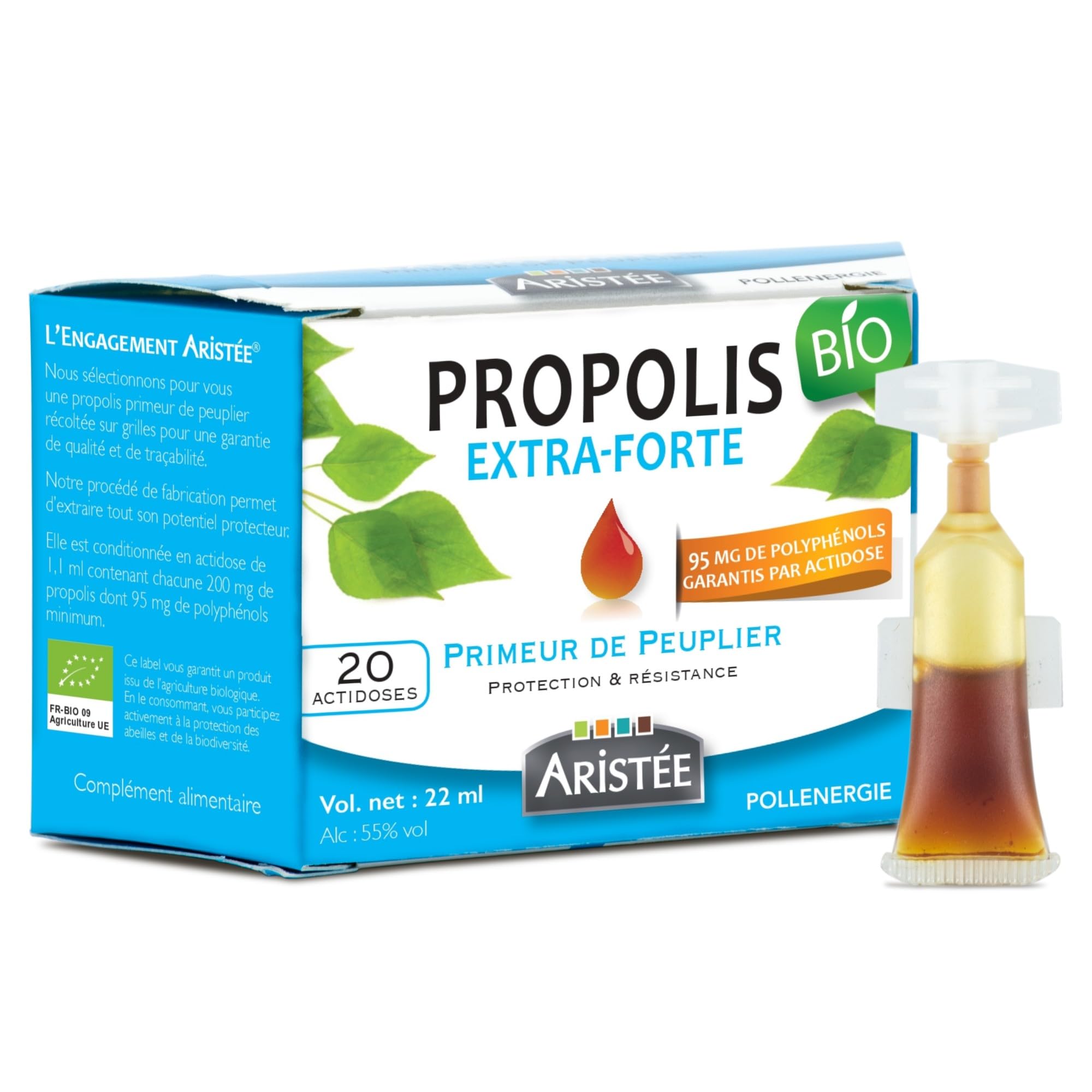 Teinture mère de propolis BIO, Défense Immunitaire & gorge irritée, Cure de 20 jours, 20 Actidoses, 95 mg Polyphénols par Dose, 100% naturel, Fabriquée en France, POLLENERGIE.