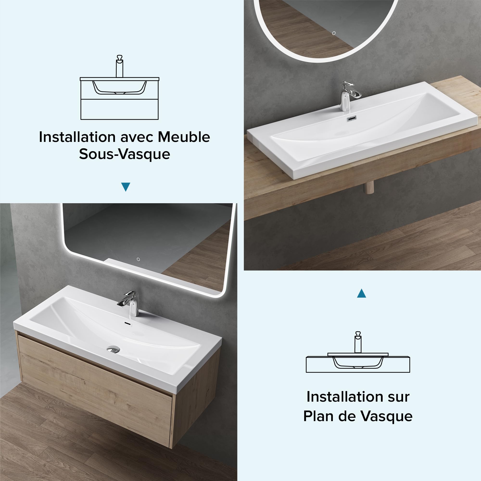doporro Lavabo Vasque Blanc 100cm à Encastrer Colossum01 Fonte Minérale Solid Surface 100x48x13cm