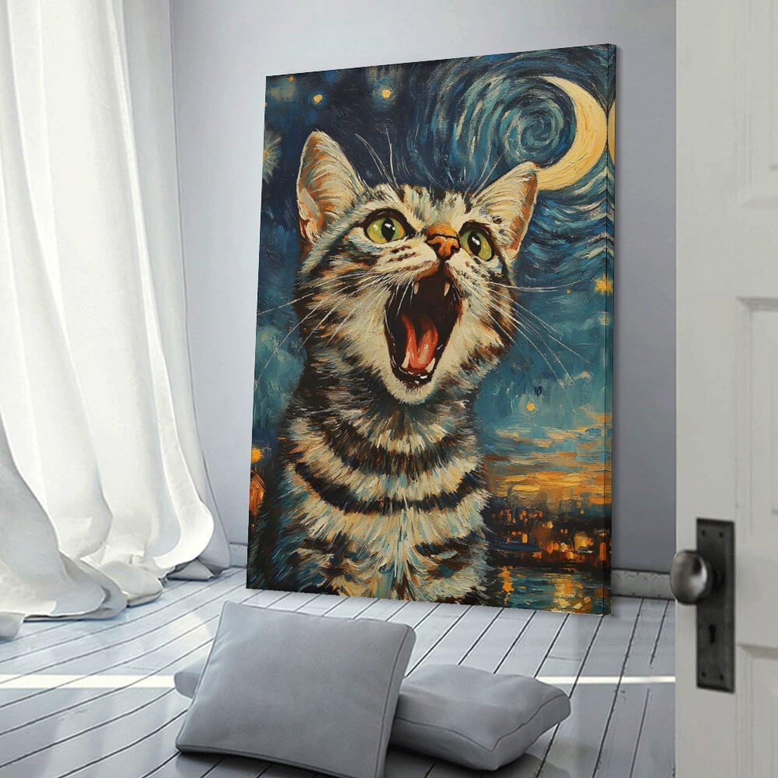 Junmoney Canvas Wall Decor Animal Cat Yawning in Starry Night Painting Van Gogh Japan, 24x36inch(60x90cm), for Lounge Decor, Bedroom Walls Or Flats, Eye Catching Artwork for Blank Walls