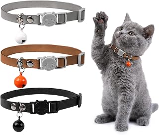 Tensho Leather Cat Collar with Bell 3 Pcs for Kitten, Adjustable Breakaway Cat Collars, Soft Faux Leather Pet Collar, Cute Cats Accessories for Girls and Boys (Black Brown Grey)