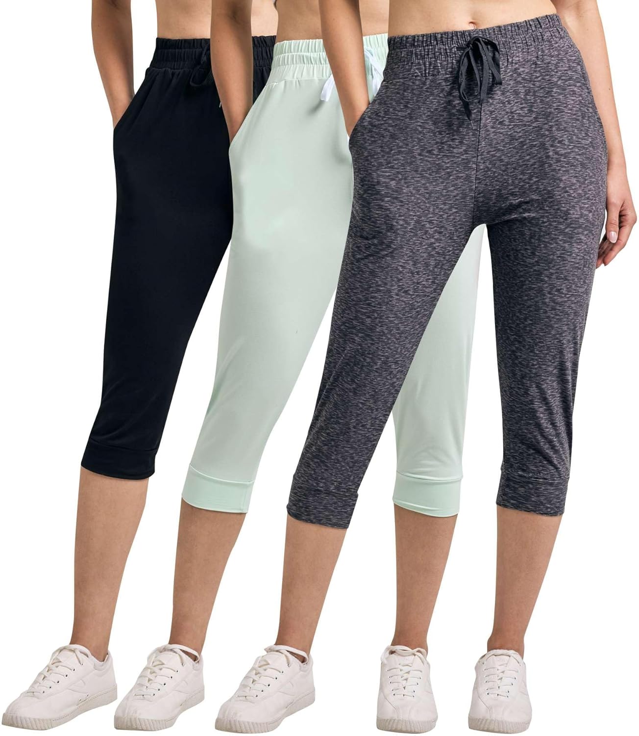 Real Essentials 3-Pack: Women's Ultra Soft Lounge Capri Joggers Sweatpants Athletic Yoga with Pockets(Available in Plus Size)