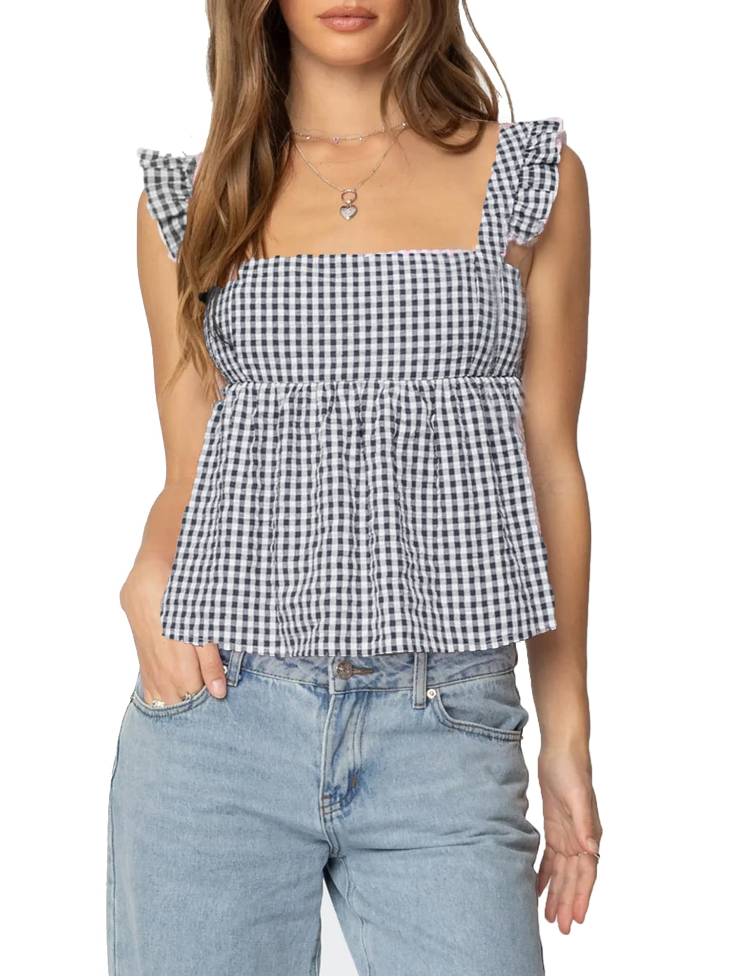Women Ruffle Hem Peplum Tank Tops Summer Sleeveless Plaid Tie Back Crop Top Gingham Camisole Square Neck Backless Vest (Z184066-black, L)