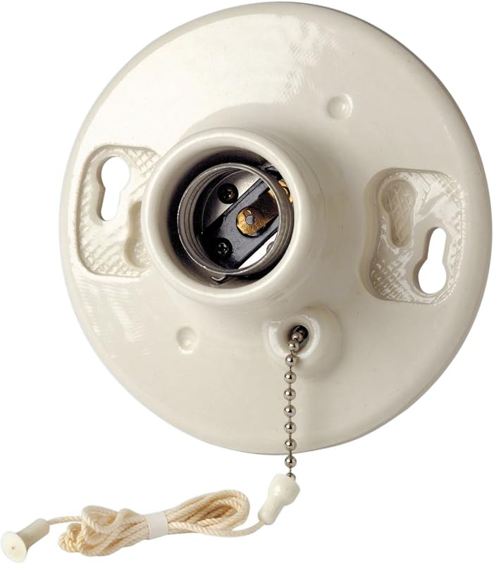 One-Piece Glazed Porcelain Outlet Box Mount, Incandescent Lampholder, Pull Chain, 29816-C, White