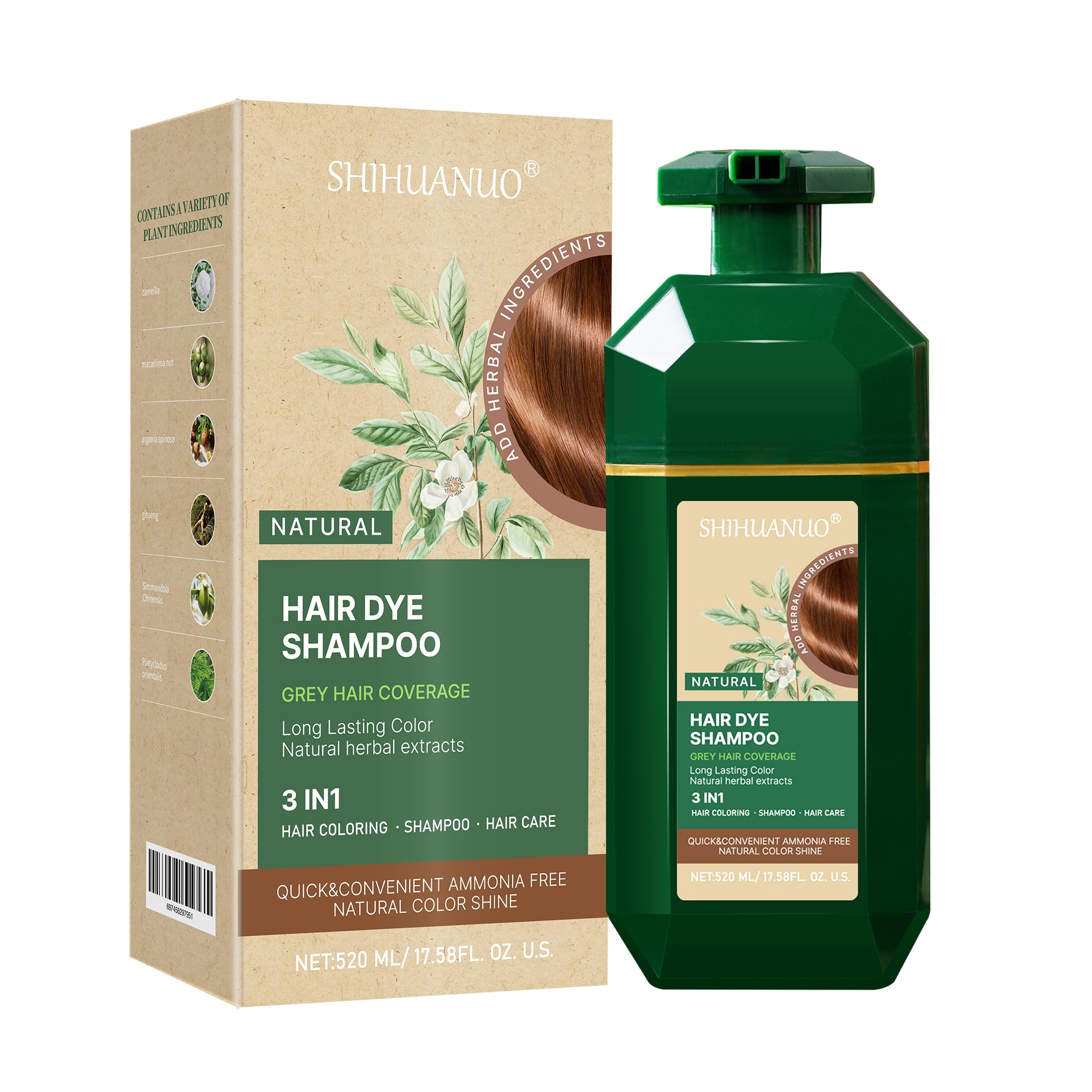 Hair Dye Shampoo 3 in 1 for Gray Hair Coverage, Herbal Ingredients Natural Shampoo Hair Dye for Women & Men/Ammonia-Free 520ml(Chestnut Brown