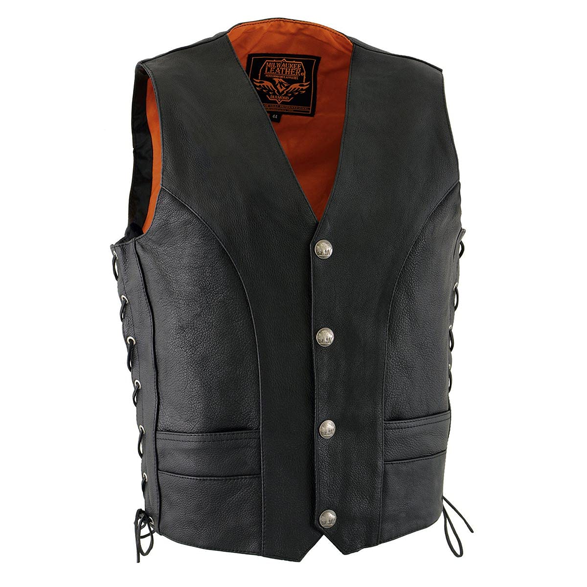 Milwaukee Leather ML1369 Men's Black Premium Leather Side Lace Motorcycle Rider Vest w/Buffalo Nickel Snaps Closure - 48