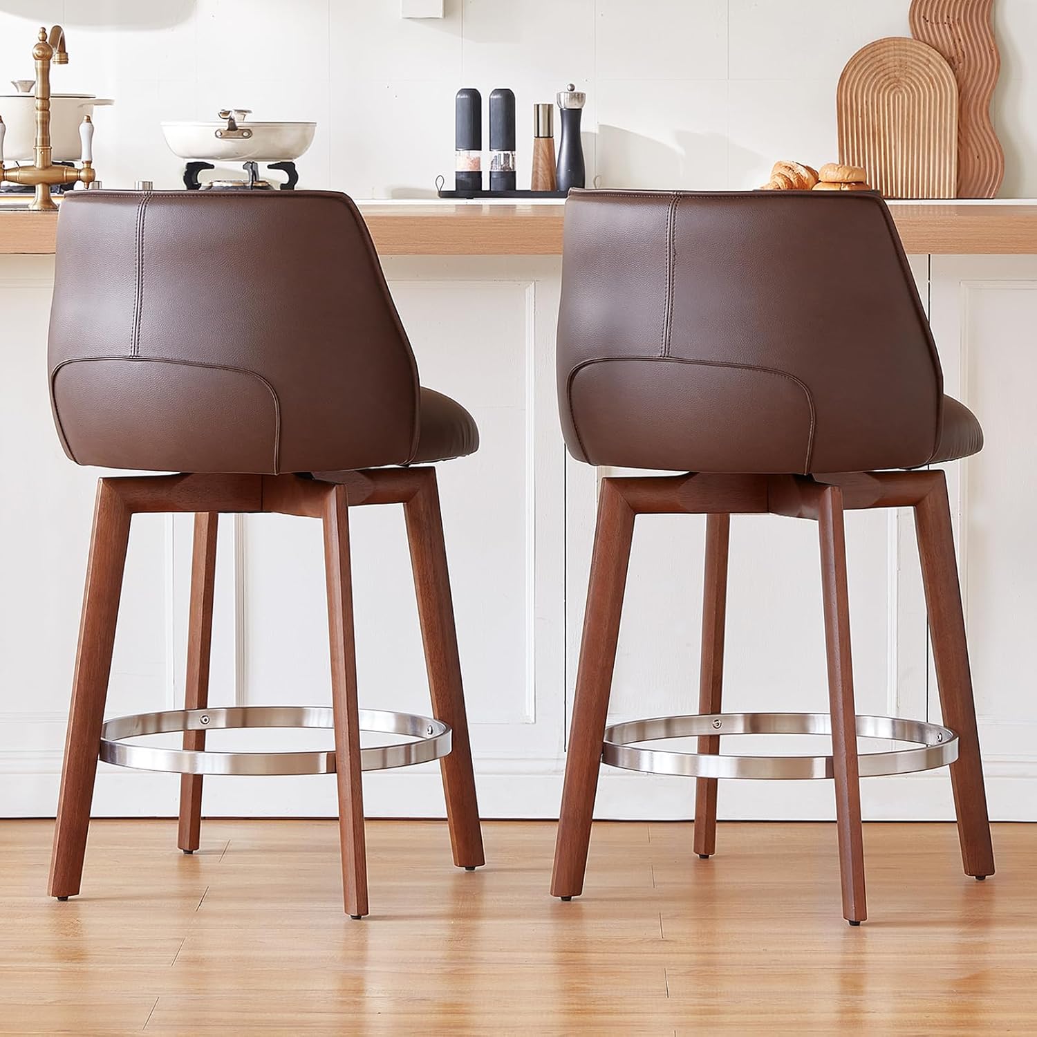 Modern Counter Height Bar Stools Set of 2, 26'' Swivel Bar Stools with Backs Sturdy Solid Wood Legs,Coffee Faux Leather Counter Stools for Kitchen Island