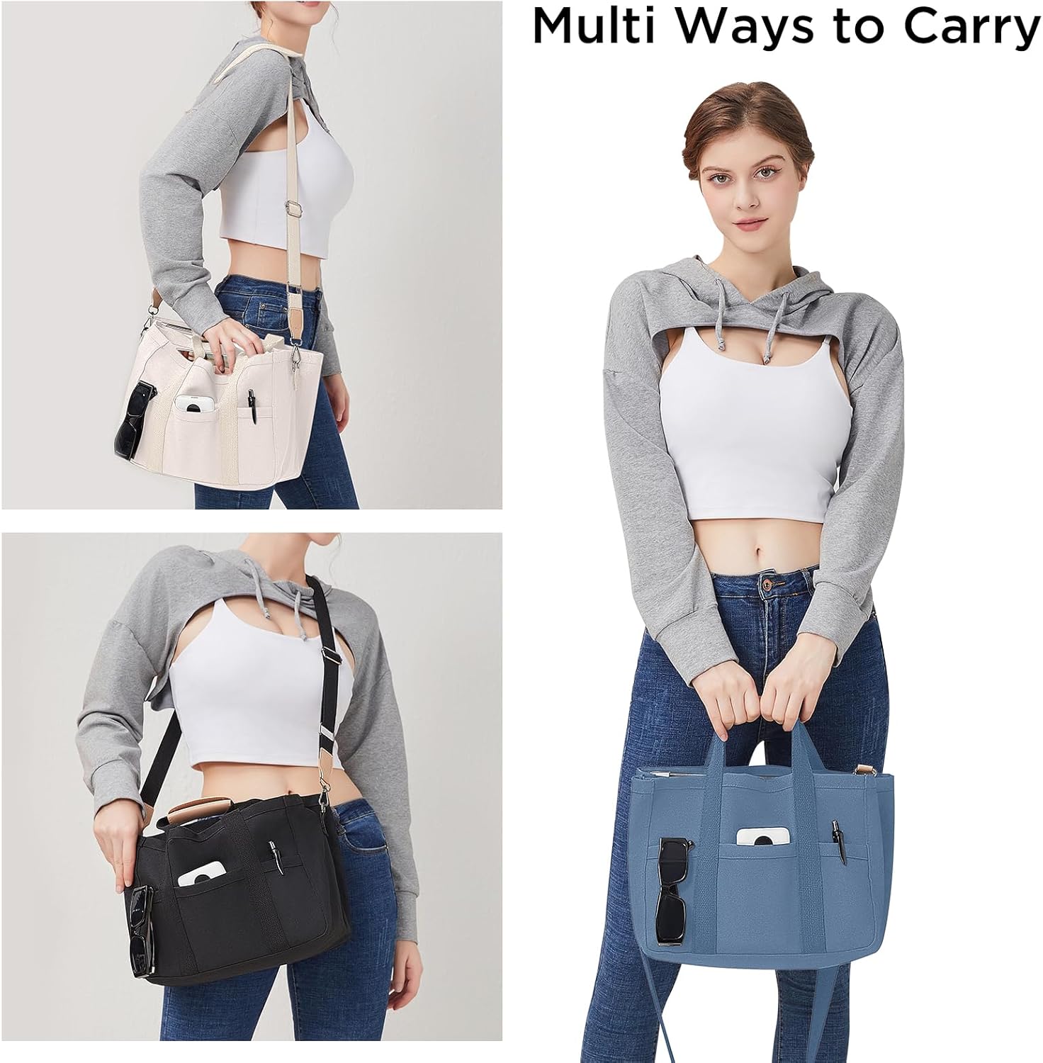 JIECH Canvas Tote Bag with Multi Pockets Crossbody Tote Bag for Women Bible Handbag Everything Tote Bags with Compartments