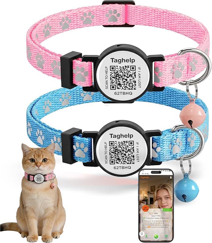 Coleira para Gatos com Plaquinha QR Code, Refletiva e com Fecho de Segurança Taghelp Azul e Rosa, Pacote com 2