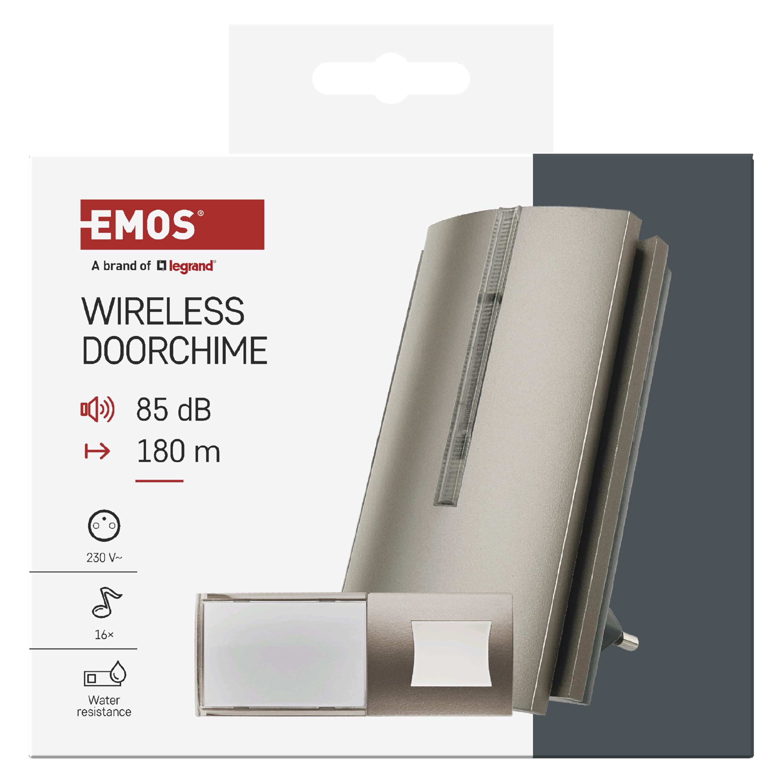 EMOS Juego de Timbre inalámbrico con función de repetidor y Puerto USB-C, Alcance Ilimitado, Volumen de 5 Niveles hasta 85 dB, indicador LED, 16 melodías, función de Memoria, 230 V