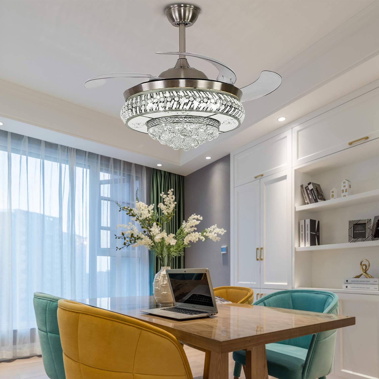 Modern Retractable Crystal Ceiling Fan With Light And Remote Control 