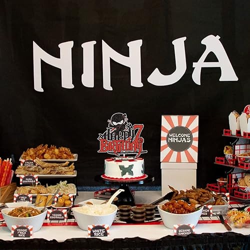 Miniatura 5 de Decoración para pastel de cumpleaños ninja de 7 cumpleaños negro y rojo con purpurina 7 años de edad Karate Kung Fu Warriors decoración de pastel
