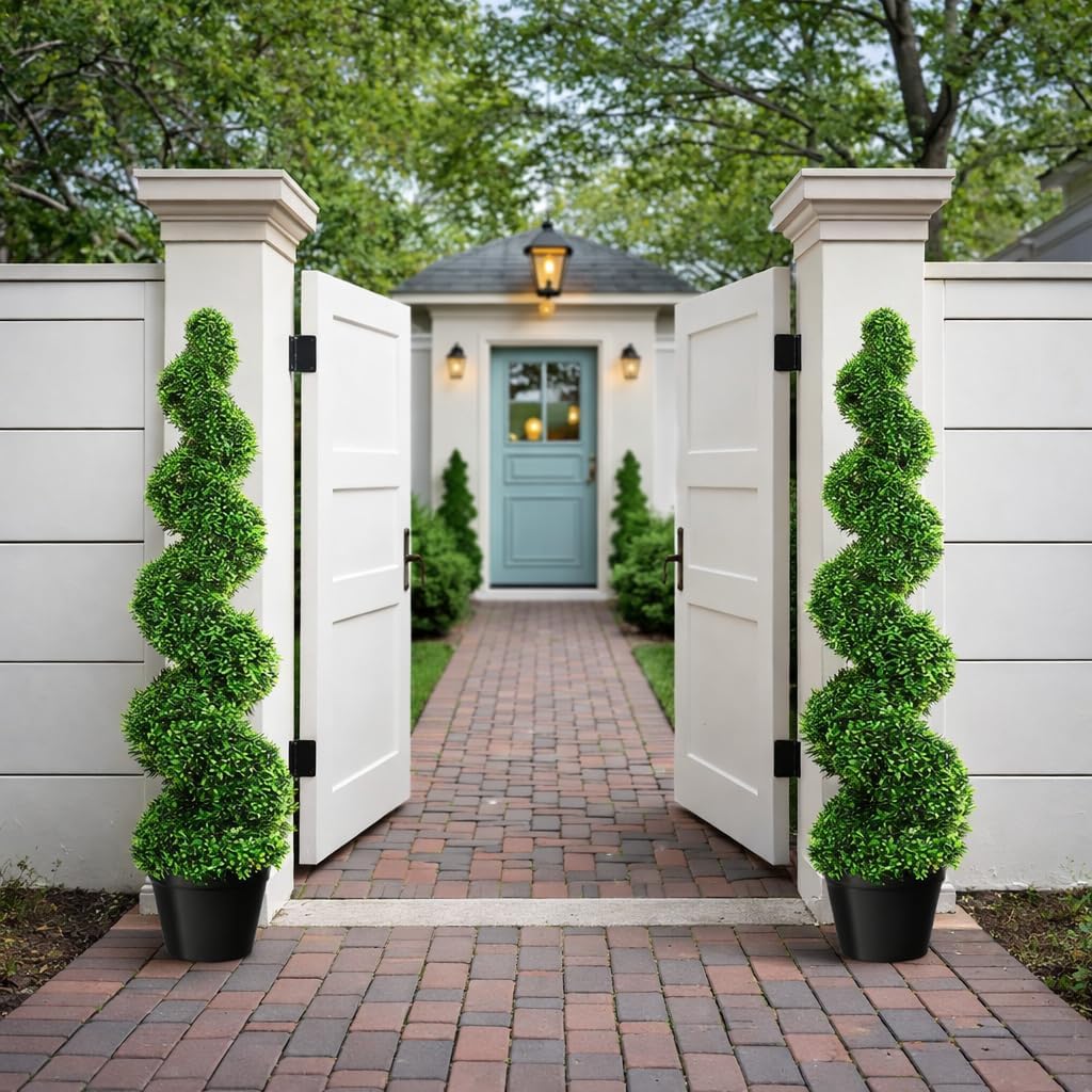 4ft Artificial Boxwood Spiral Tree (2 Pcs), Topiary Trees Artificial Outdoor with Weighted Pot, Artificial Outdoor Plants for Outdoor Walkway & Indoor Decor, Boxwood Topiary, Artificial Trees