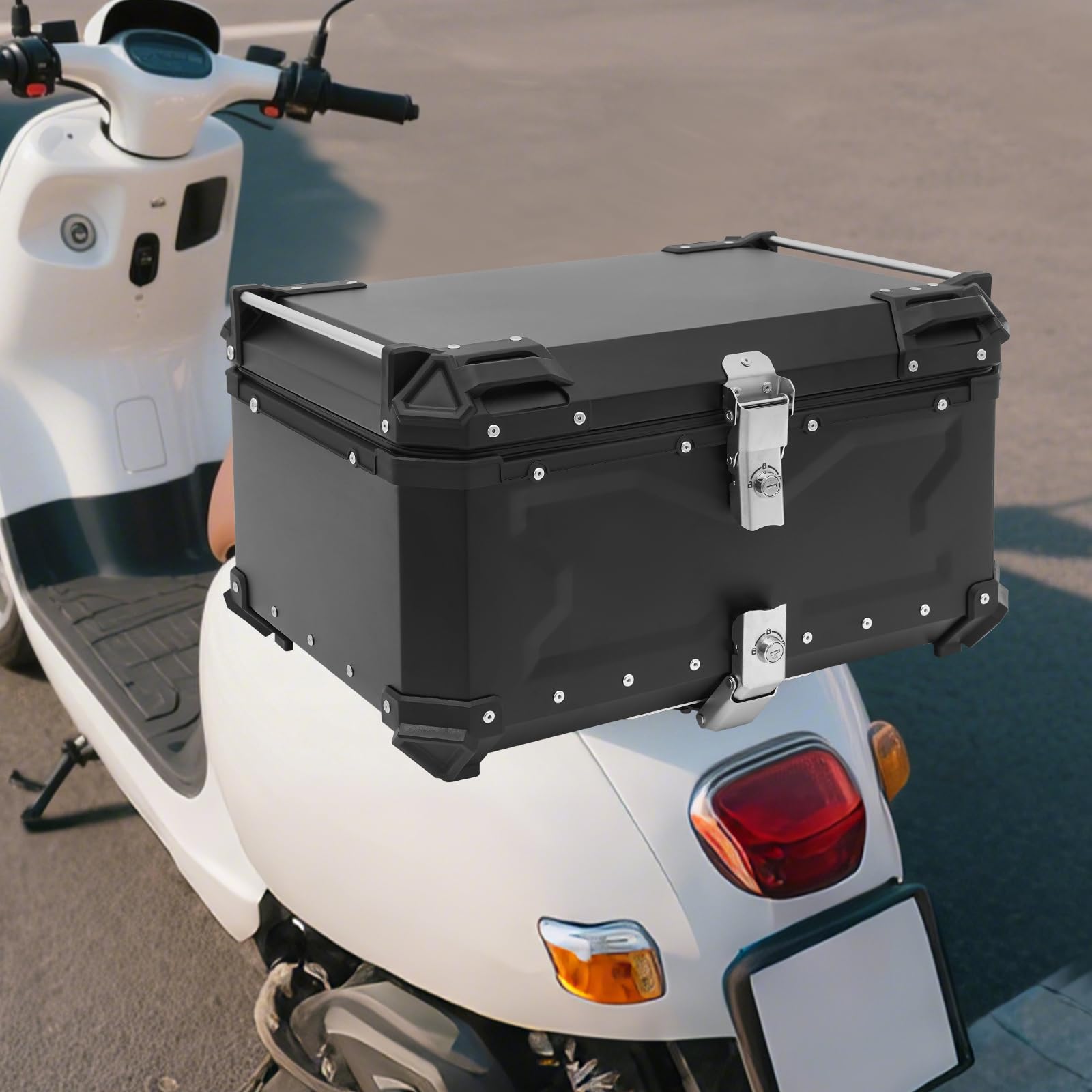 Schwarz Universal Motorrad Topcase Aluminium Hard Motorradkoffer wasserdichte Top Case Gepäckträger Koffer Motorrad Heckbox Tour Tail Box mit Schloss & 2 Schlüsseln,Max. Tragfähigkeit 10kg (65L)