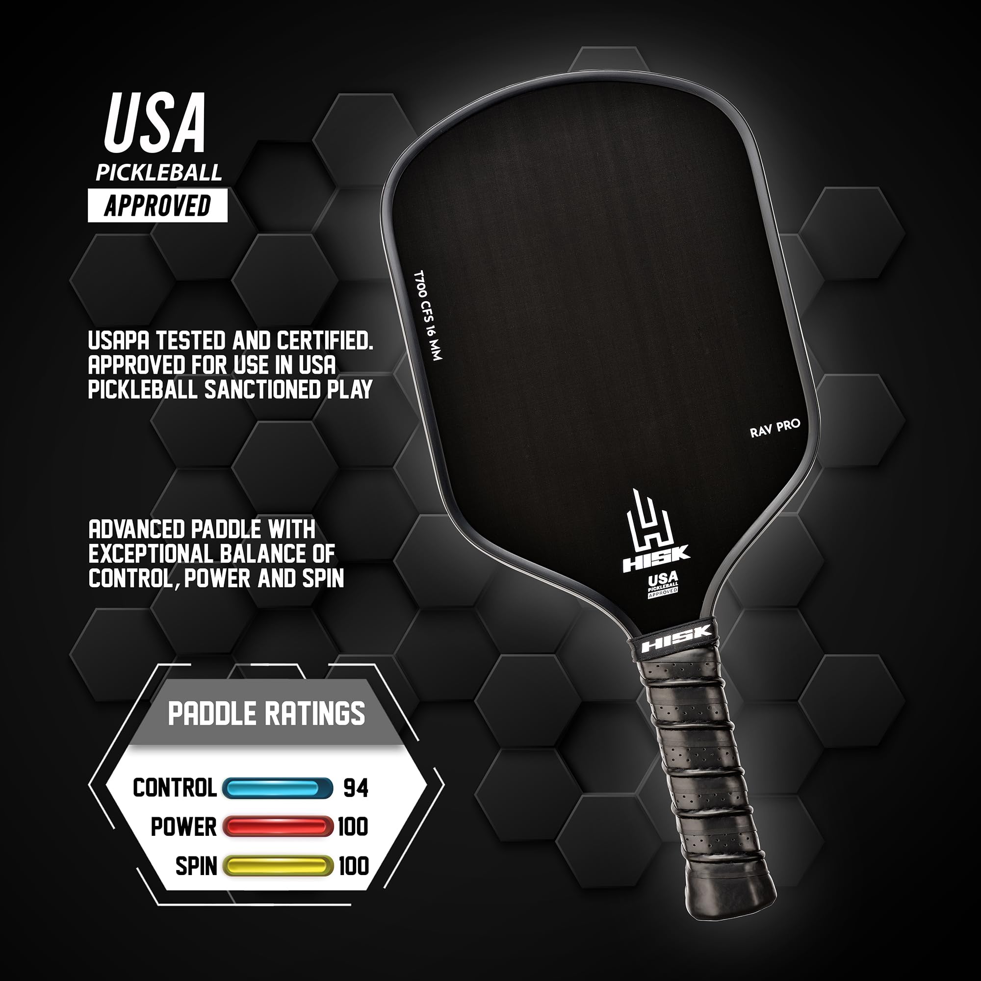 HISK-Ultimate HIGH END-16mm-Japanese Toray T700 Raw Carbon Fiber-CFS w/Excellent GRIT/Roughness Texture,Aero Dynamic Curve, USAPA Approved,Elongated Handle,Non-Slip Grip Pickleball Paddle
