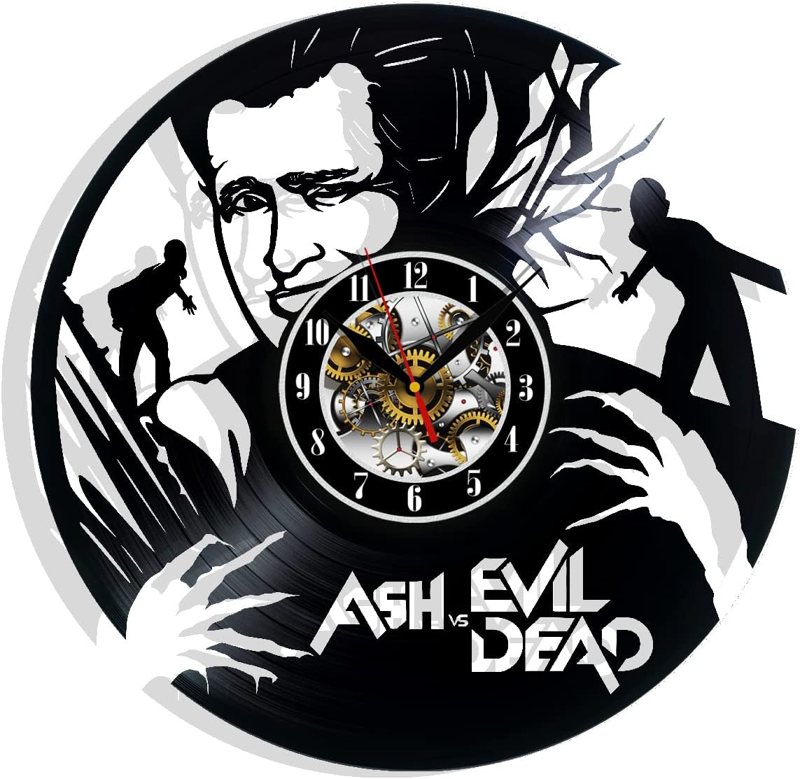 Vinyl Wall Clock – Horror Skull Chainsaw Design, Handmade Record Clock, Evil Dead Inspired Retro Wall Art, Unique, Gothic Zombie Decor for Men, Living Room, Bedroom, Office