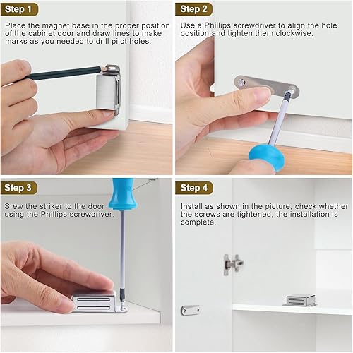 Miniatura 5 de GroTheory Paquete de 6 cierres magnéticos para puerta de gabinete, imanes de puerta de acero inoxidable con imán fuerte para armario de cocina,