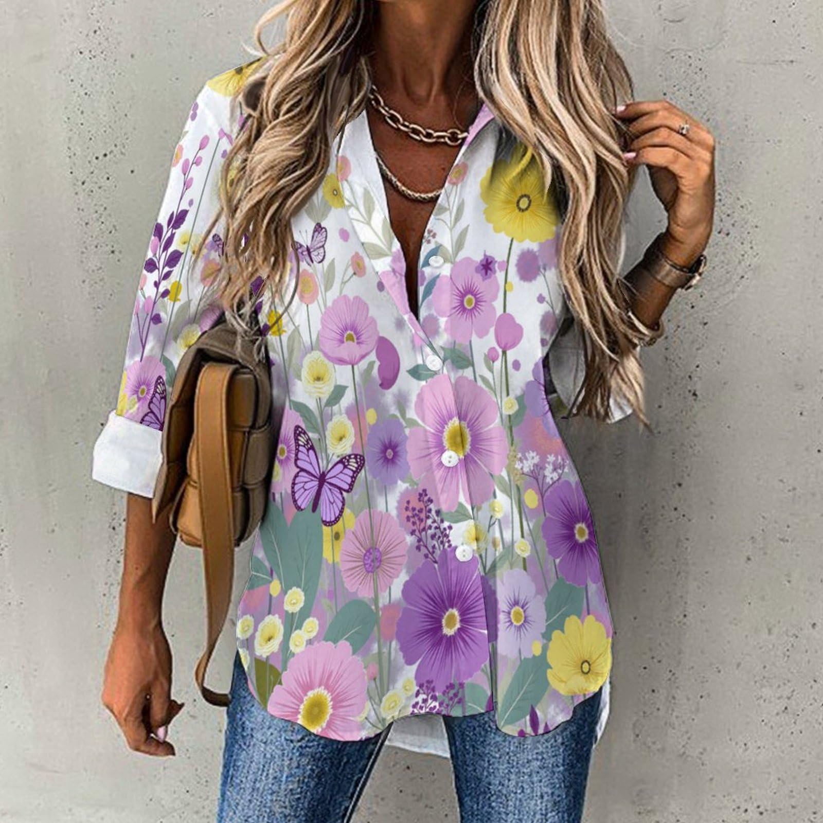 Camicia a Donna Manica Lunga Fiori Selvatici Farfalle Blusa Moda
