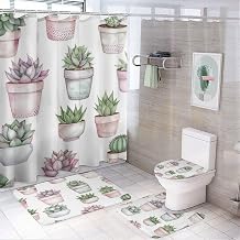 4Pcs Vintage Succulent Shower Curtain Sets, Bath Mat and Rugs, Pottd Plant Nature Shower Curtain with Hooks for Bathroom