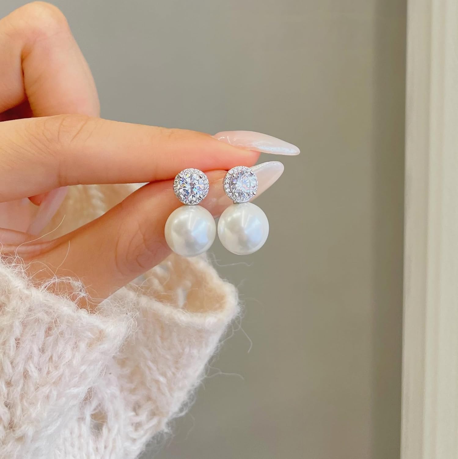 Pearl Earrings 925 Sterling Silver Post Bridal Wedding Halo Cubic Zirconia 12MM Pearl Stud Earrings Hypoallergenic for Women - Image 3