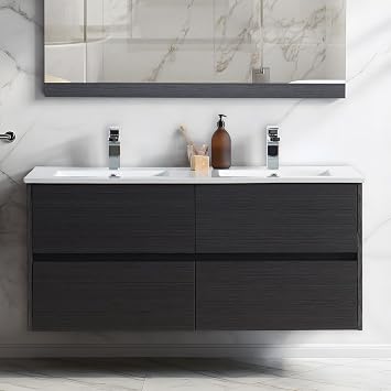 Blossom 48 Inch Pre-Assembled Floating Vanity Double Sink Modern Wall Hung Bathroom Cabinet Moisture-Resistant Silver Grey Wood, Soft-Close Doors, Easy Master Bath Installation