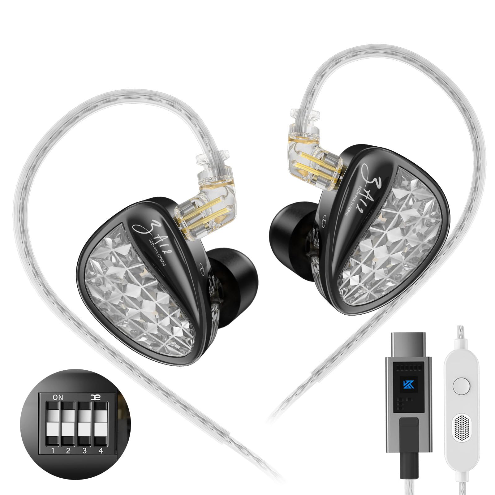 KZ ZA12 - Cuffie intrauricolari con monitor IEM, driver ibridi 2DD+4BA, con isolamento acustico IEM con sintonizzazione a 4 livelli per musicisti, ingegneri, DJ, audiofili e cantanti (DSP, Tuning)