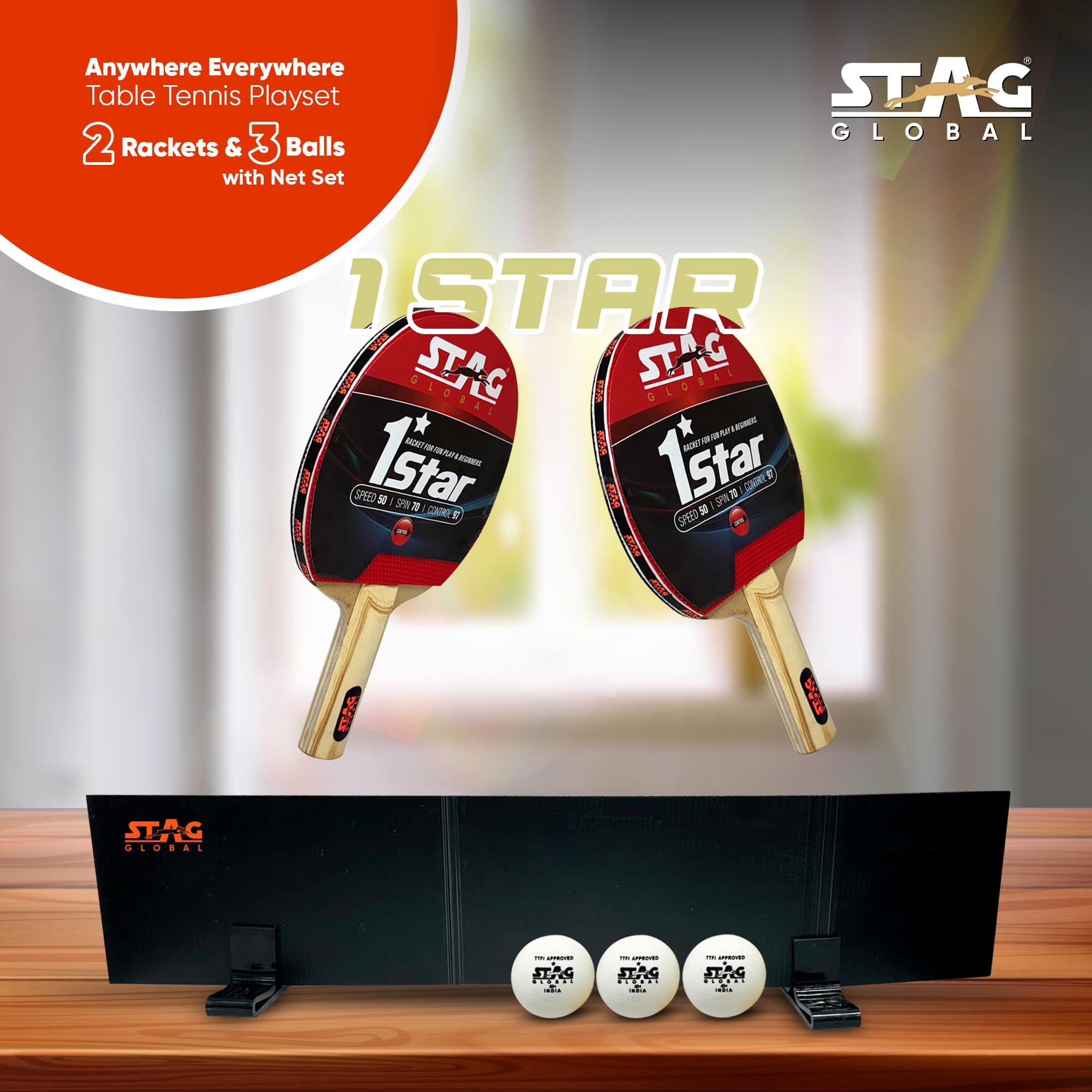 STAG GLOBAL 1 Star Anywhere Everywhere Play Set | TTFI Approved | Speed 50, Spin 70, Control 97 | Straight Grip Racket Set for Beginners, Hobby | Included 2 Rackets, 3 Balls, 1 Net and Cover 1