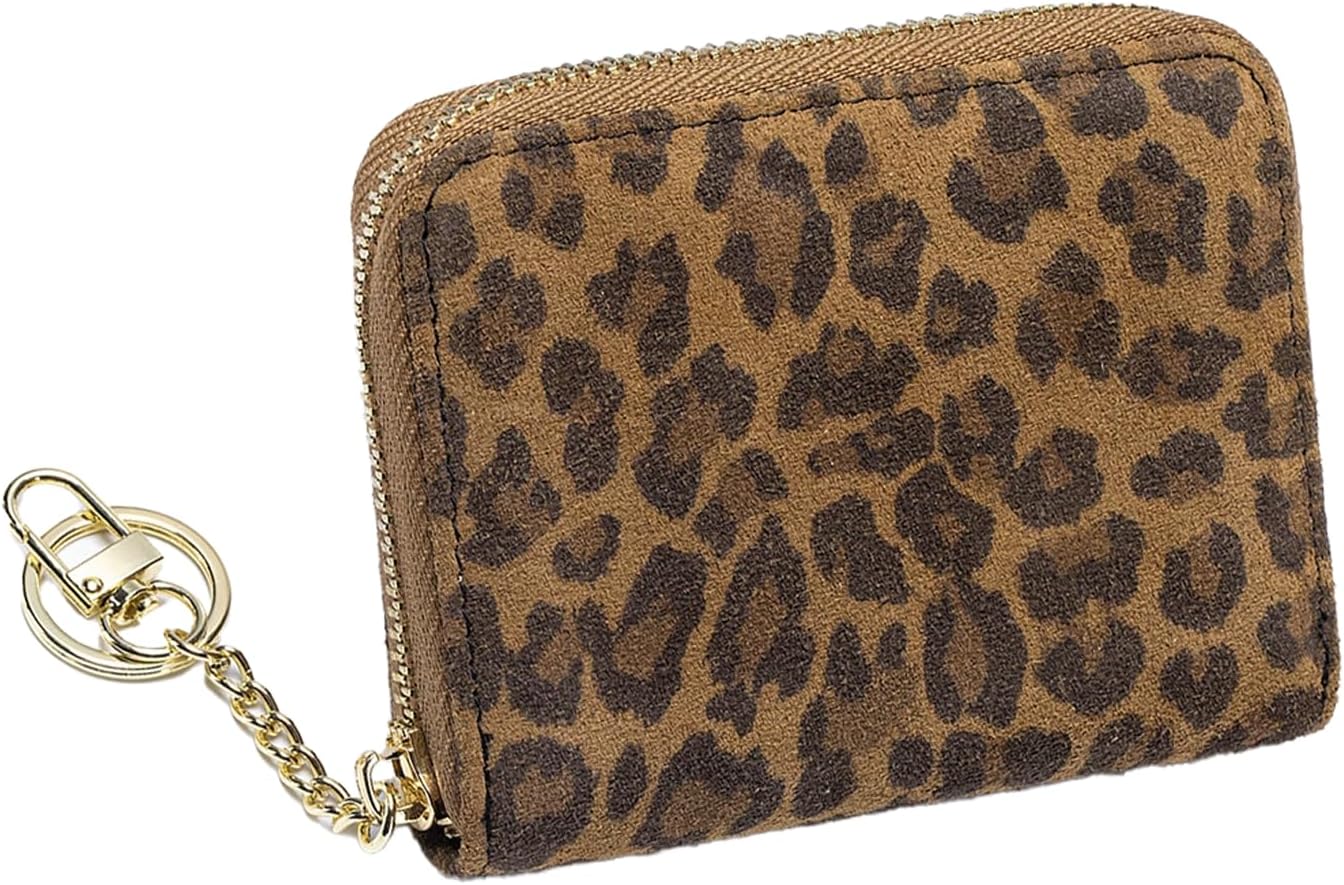 Leopard Print Small Coin Purse for Women Cute Minimalist Credit Card Holder With Zipper Leather Compact Wallet for Cash Key Lipstick Jewelry (Coffee)