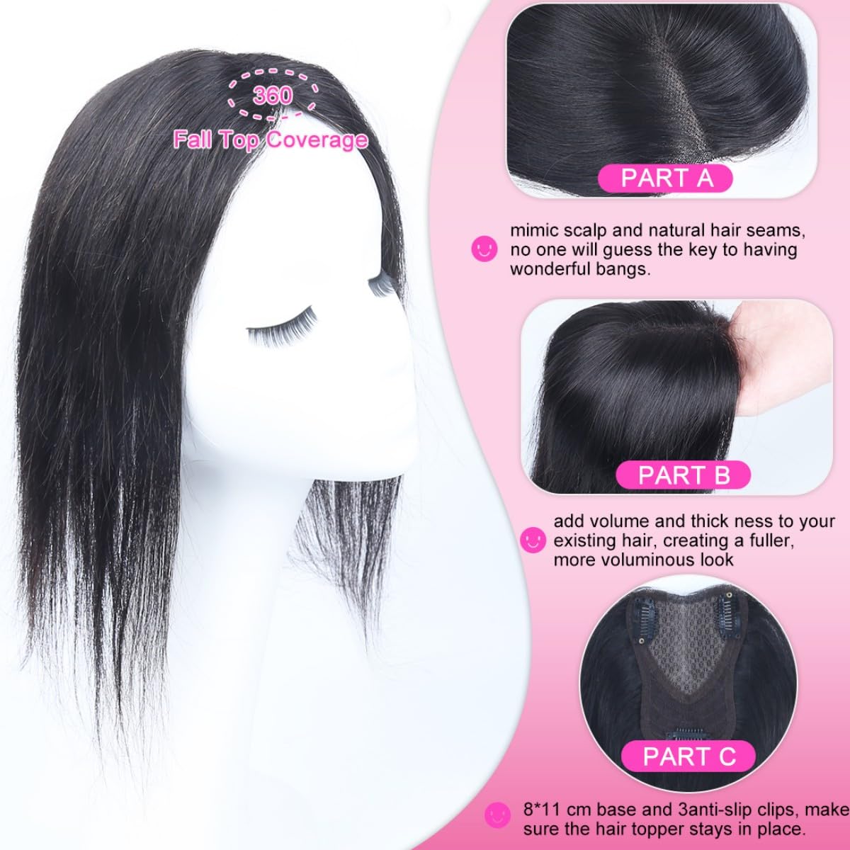 Sexycat Haar Toppers Echthaar Natürliche Schwarze für Damen, 100% Remy Haarteil Oberkopf für Volumen & Haarverdichtung bei dünnem Haar, Clip-in Hair Topper ohne Pony, Flauschig & Soft