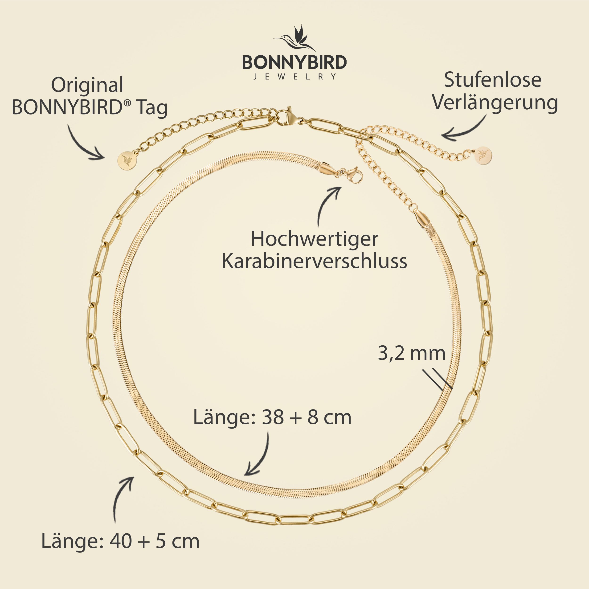 BONNYBIRD® Wasserfeste Edelstahl Gliederkette + Schlangenkette im Set für Damen in Silber, Gold & Roségold, 100% Wasserfest & Hautverträglich BonnyVoyage