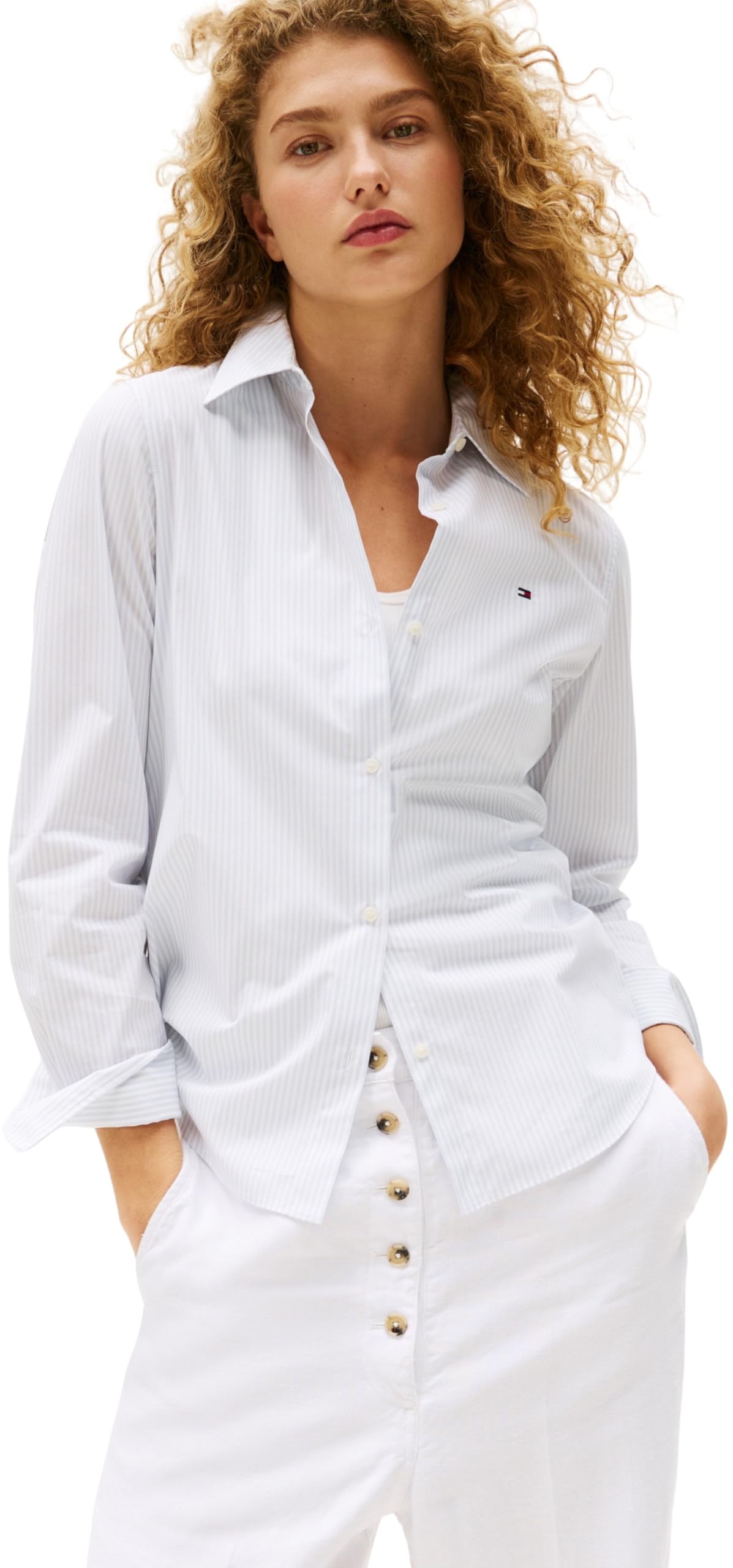 Tommy Hilfiger Women’s Regular Fit Poplin Shirt with Pointed Collar, Multicolor (Classic Ithaka STP Breezy Blue), 12