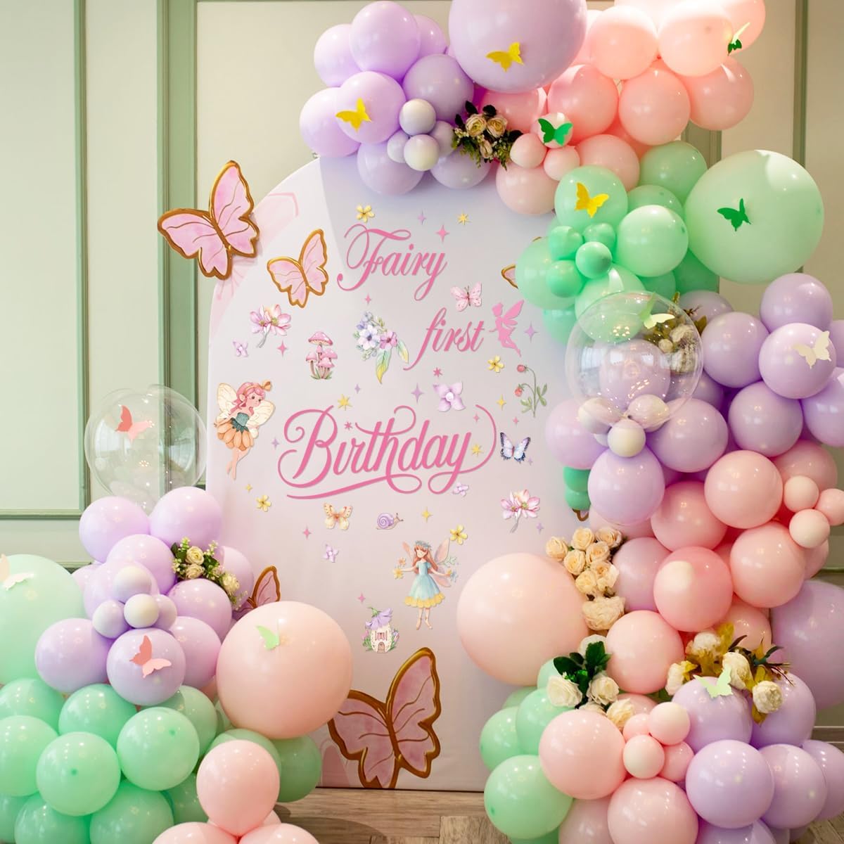 Fairy First Birthday Decal Girls Fairy First Birthday Wall Decal Decorations Butterfly Fairy 1st Birthday Theme Balloon Arch Stickers Flowers Garland