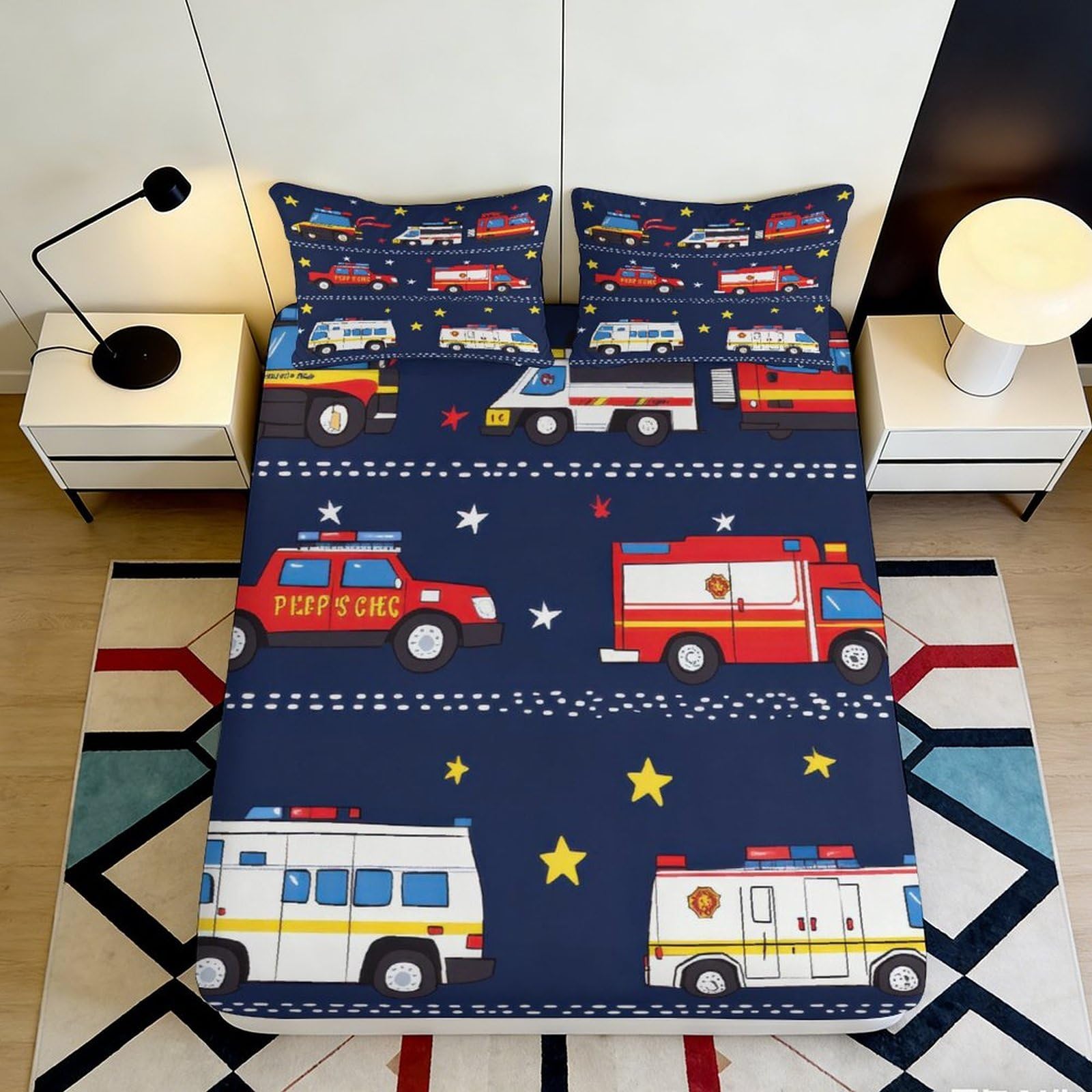 3D Printed Fire Truck Pattern Fitted Sheet Microfiber Durable Soft 3D Printed Emergency Vehicle Mattress Cover for Bedroom Dormitory Guest Room 160x200x25cm