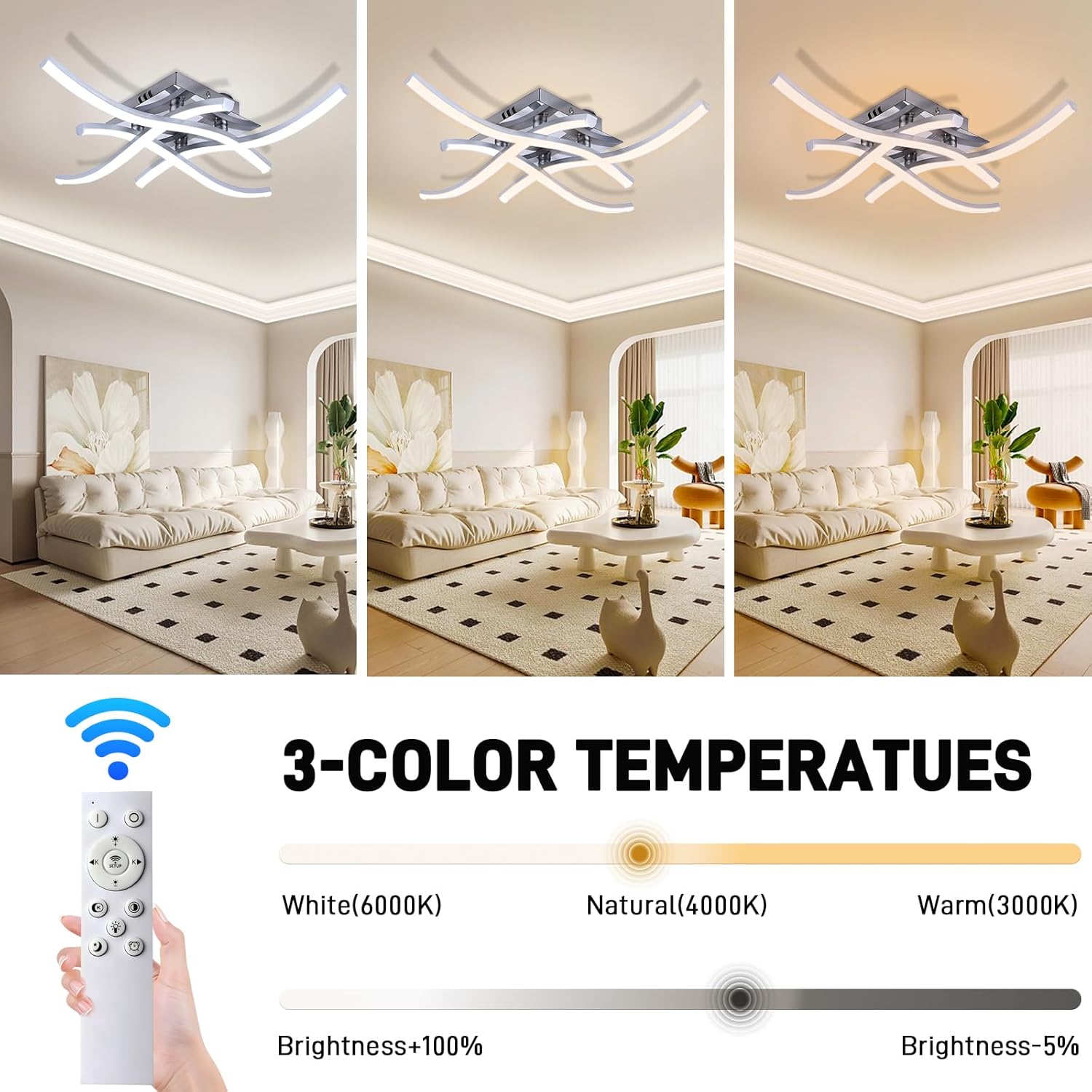 27.5Inch Modern LED Ceiling Light Fixture, 36W Stepless Dimming Curved Wave Ceiling Lamp with Remote for Bedroom, Kitchen, Hallway, Foyer Library Dining Room Silver