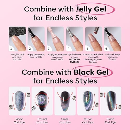 Miniatura 6 de Modelones – Esmalte de gel rosa claro efecto ojo de gato con purpurina holográfica tipo jelly glass, 0.51 onzas líquidas, brillo reflectante