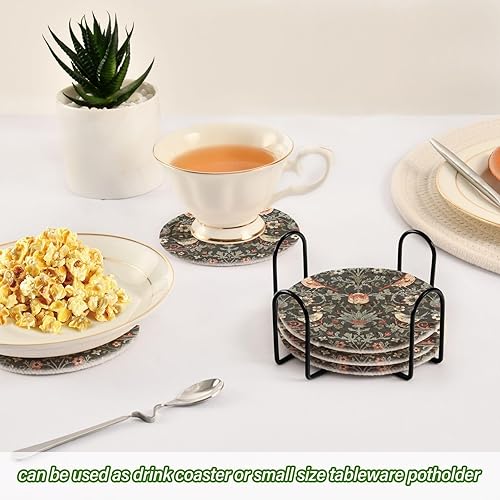 Miniatura 6 de innewgogo Flowers Birds 6 Pcs Absorbent Drink Coasters for Tabletop Protection Handmade Round Woven Coaster with Holder & Heat Water Resistant Bulk